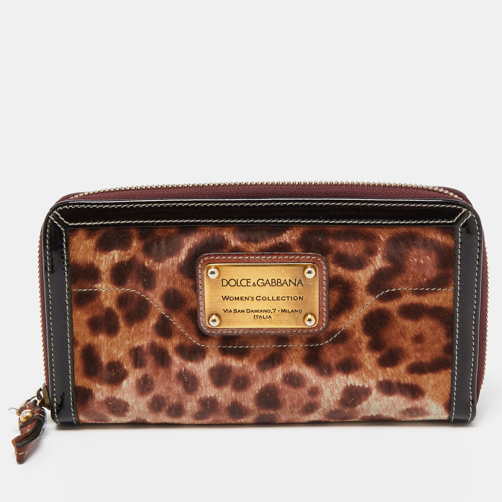 Dolce & gabbana brown leopard print calfhair and patent leather zip around continental wallet