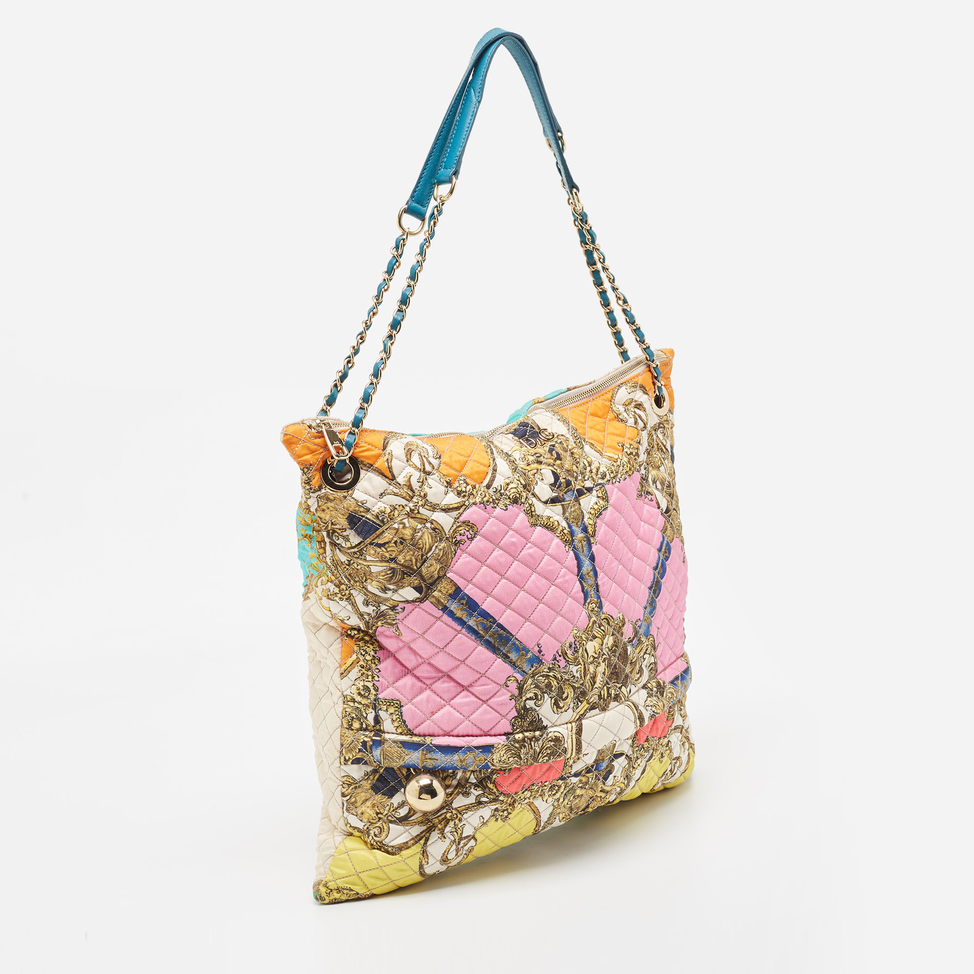 Dolce & Gabbana Multicolor Quilted Barocco Print Fabric Front Pocket Tote