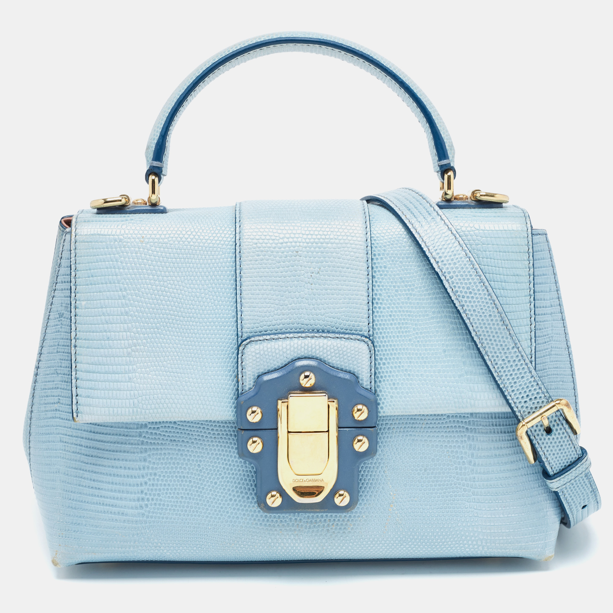 Dolce & Gabbana Blue Lizard Embossed Leather Small Lucia Top Handle Bag