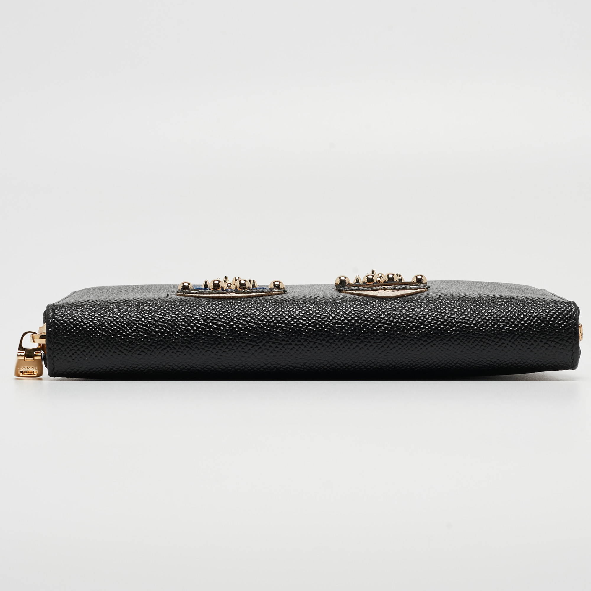 Dolce & Gabbana Black Leather DG Family Patch Zip Around Wallet