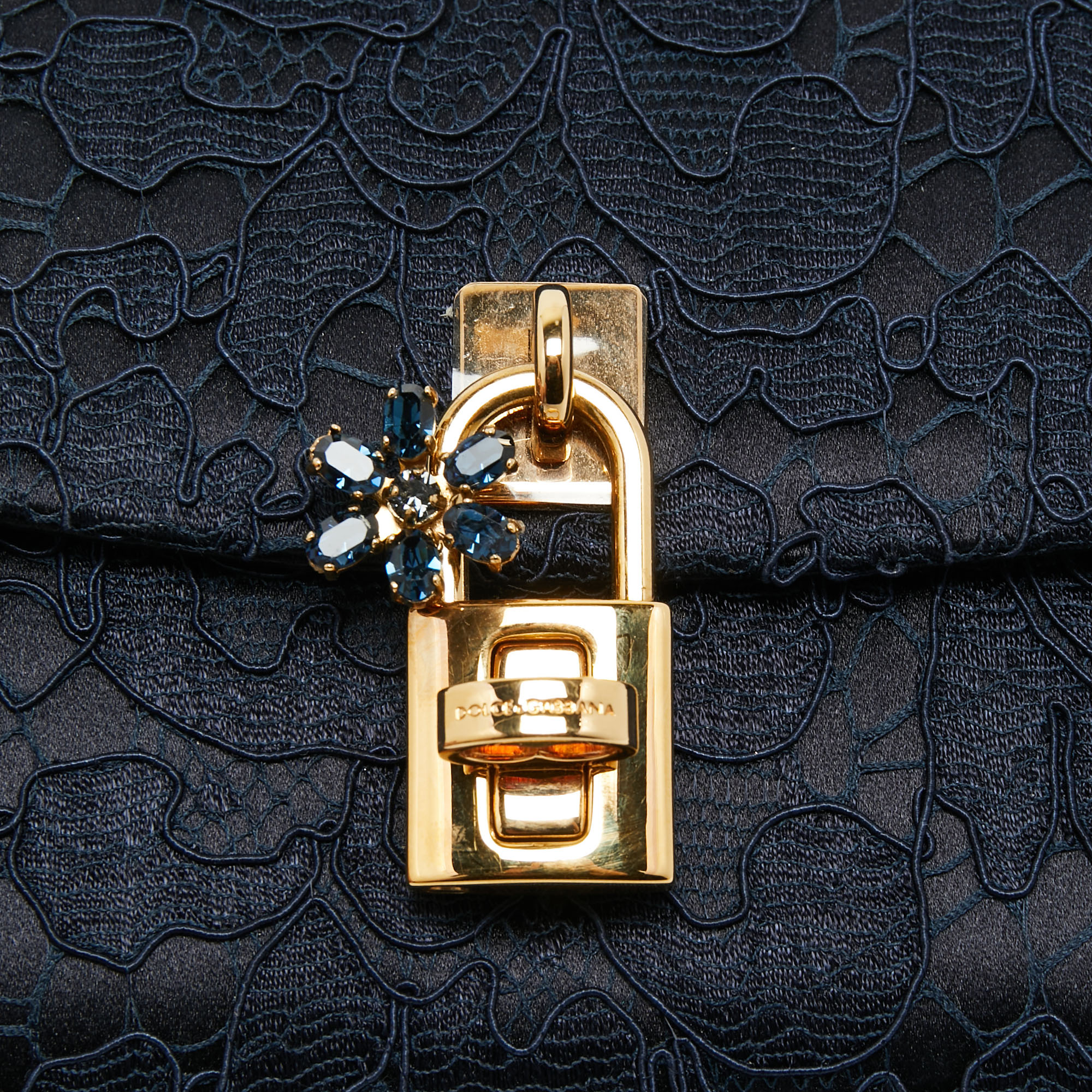 Dolce & Gabbana Navy Blue Lace And Satin Padlock Chain Clutch