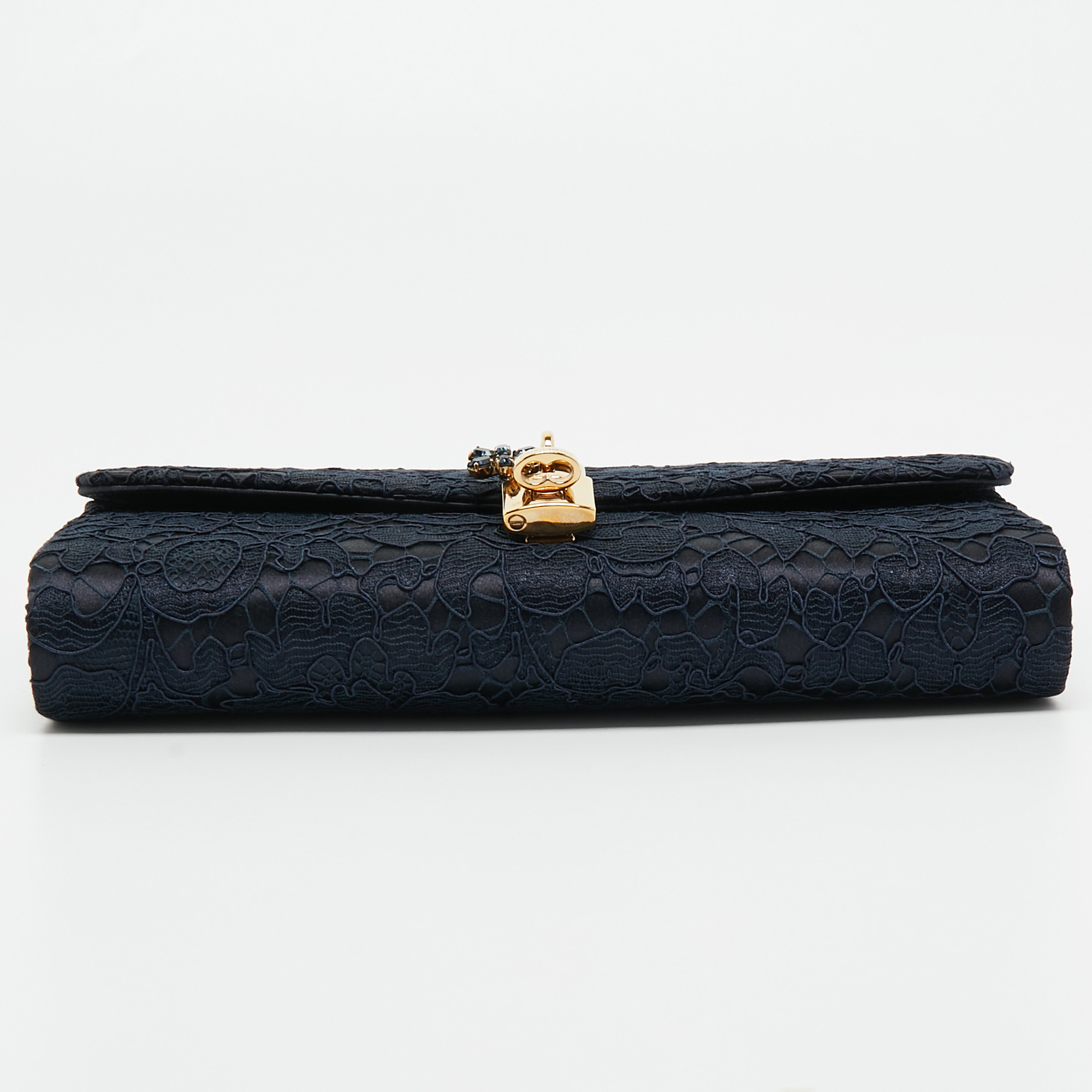 Dolce & Gabbana Navy Blue Lace And Satin Padlock Chain Clutch