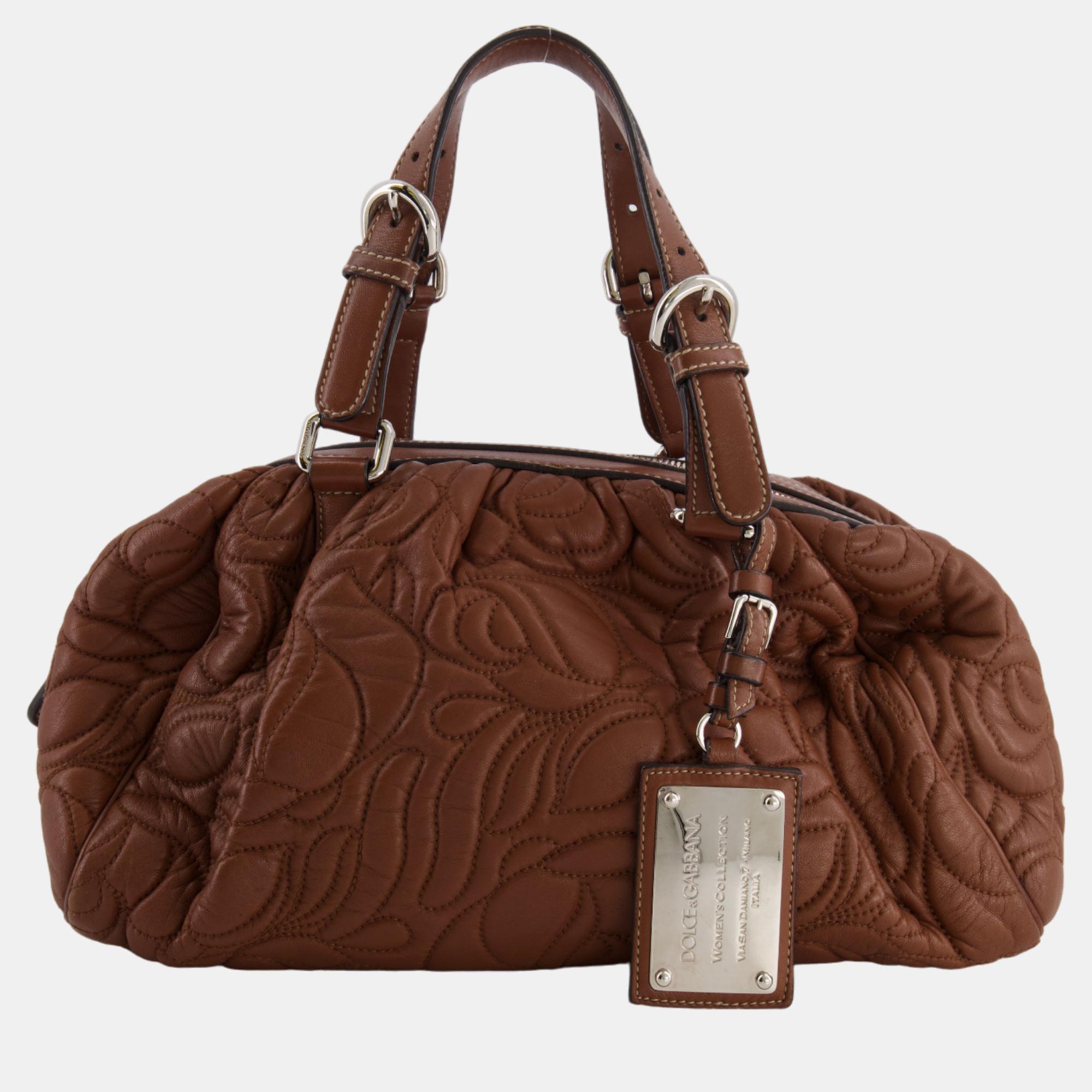 Dolce & Gabbana Brown Leather Bowling Bag With Silver Hardware