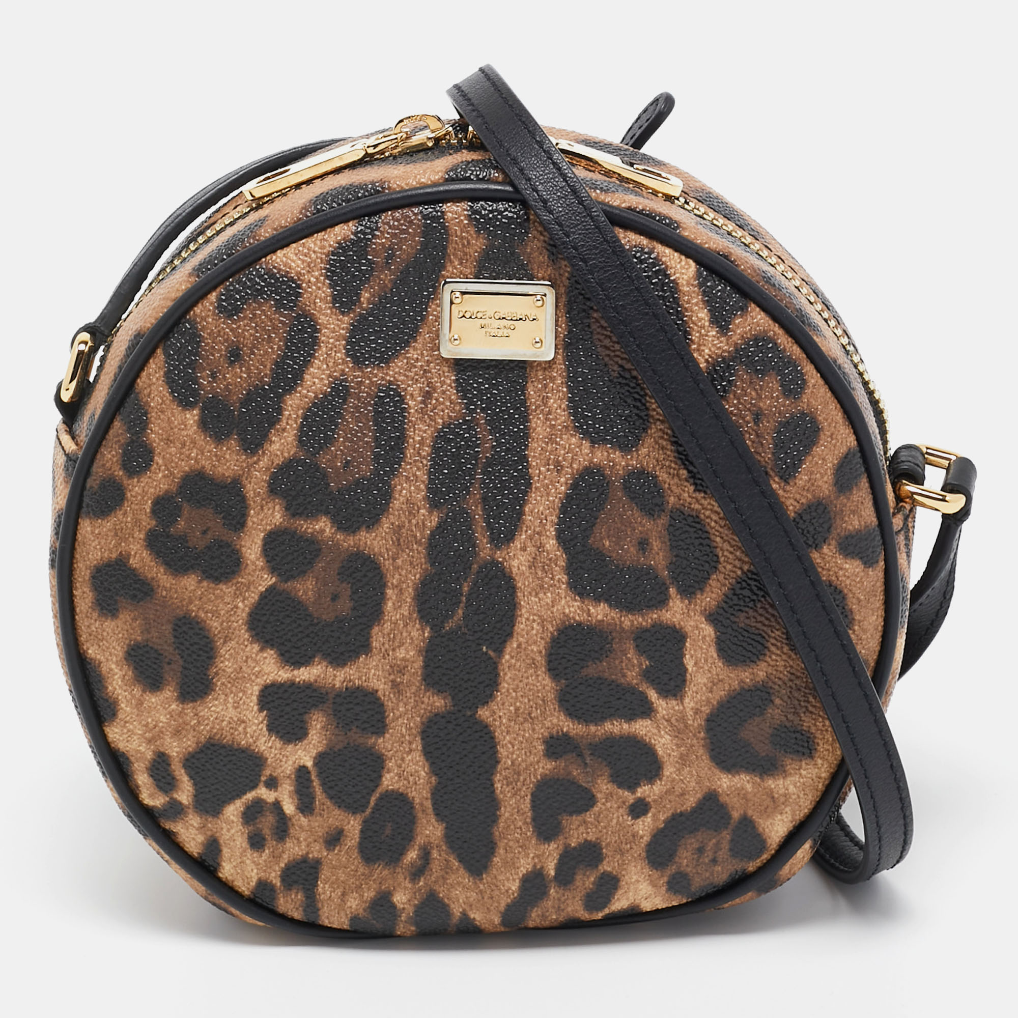 Dolce & Gabbana Beige/Brown Leopard Print Coated Canvas Glam Round Crossbody Bag