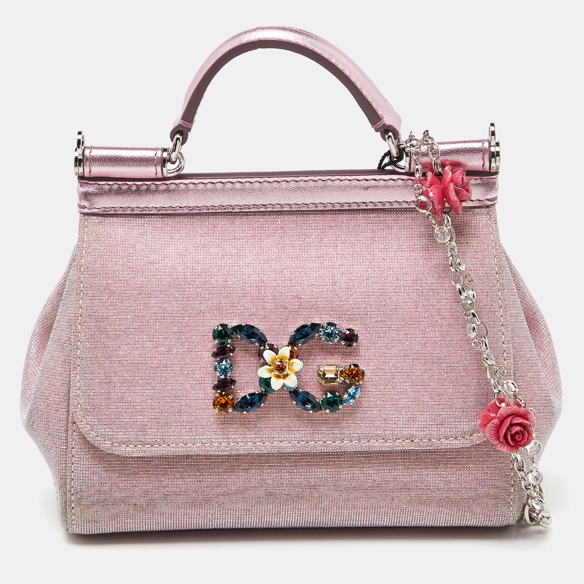 Dolce & Gabbana Pink Lurex Fabric And Leather Mini Miss Sicily Top Handle Bag