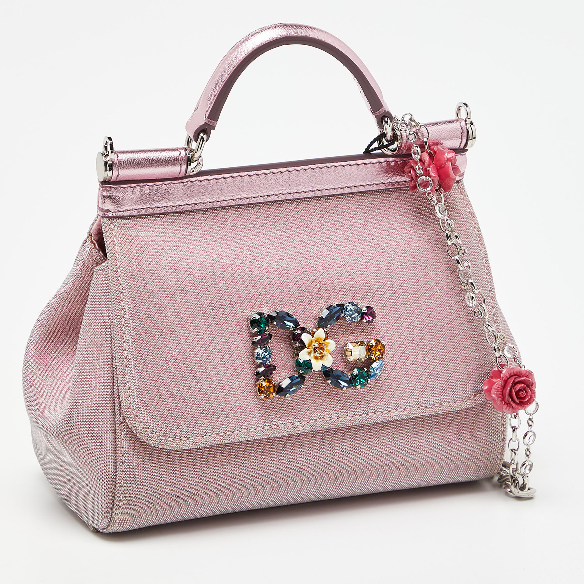 Dolce & Gabbana Pink Lurex Fabric And Leather Mini Miss Sicily Top Handle Bag