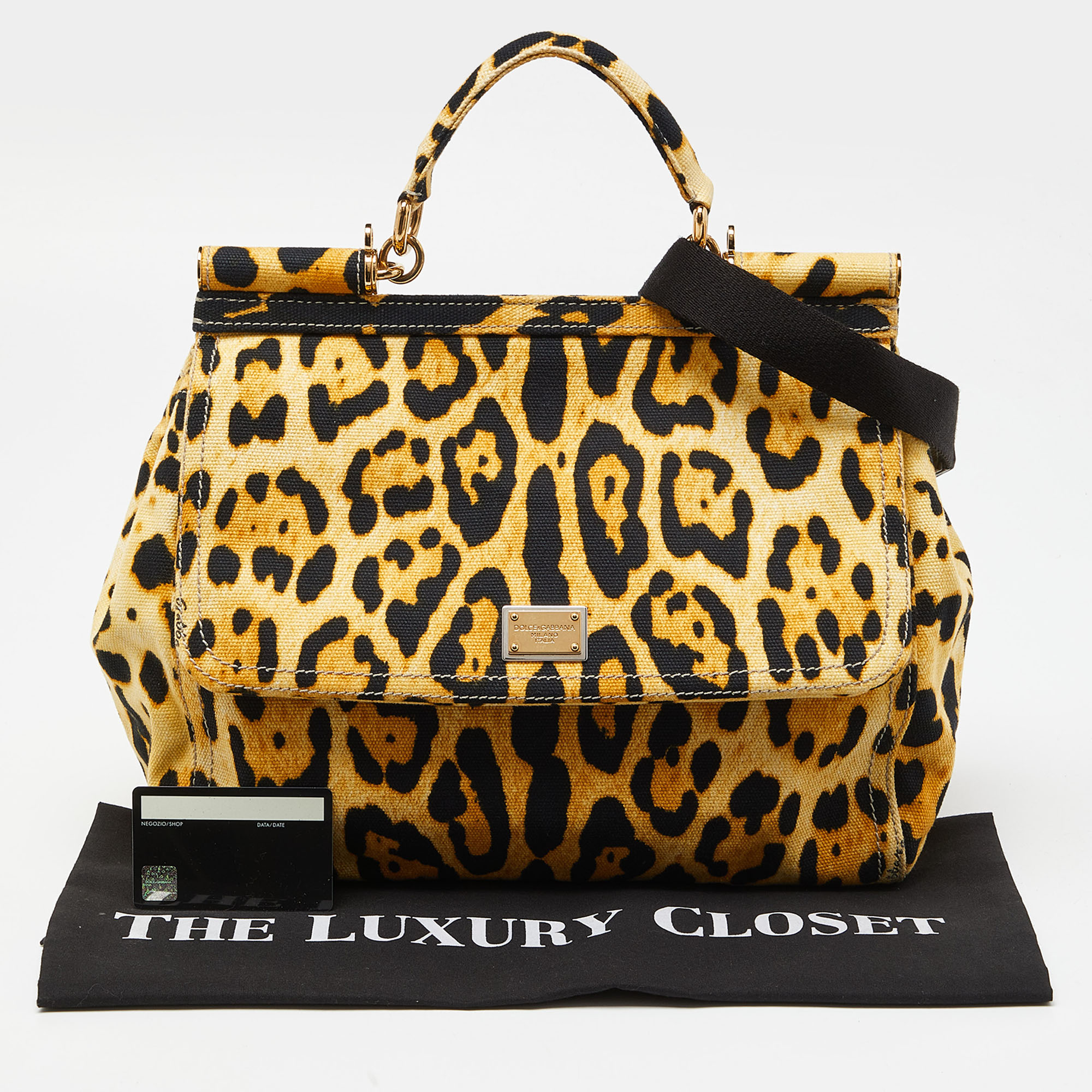 Dolce & Gabbana Beige/Black Leopard Print Canvas Large Miss Sicily Top Handle Bag
