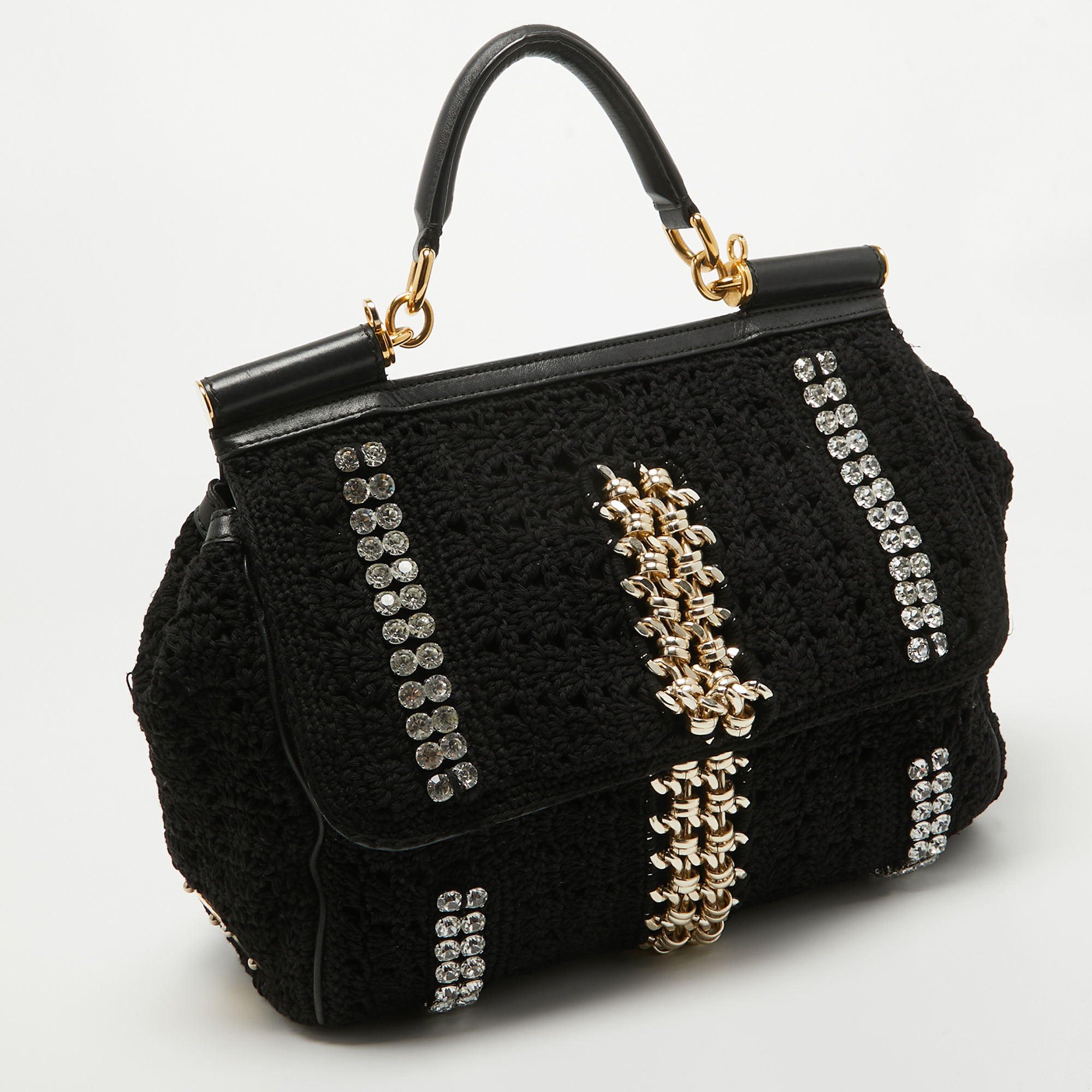 Dolce & Gabbana Black Crochet Fabric Large Crystal And Chain Miss Sicily Top Handle Bag