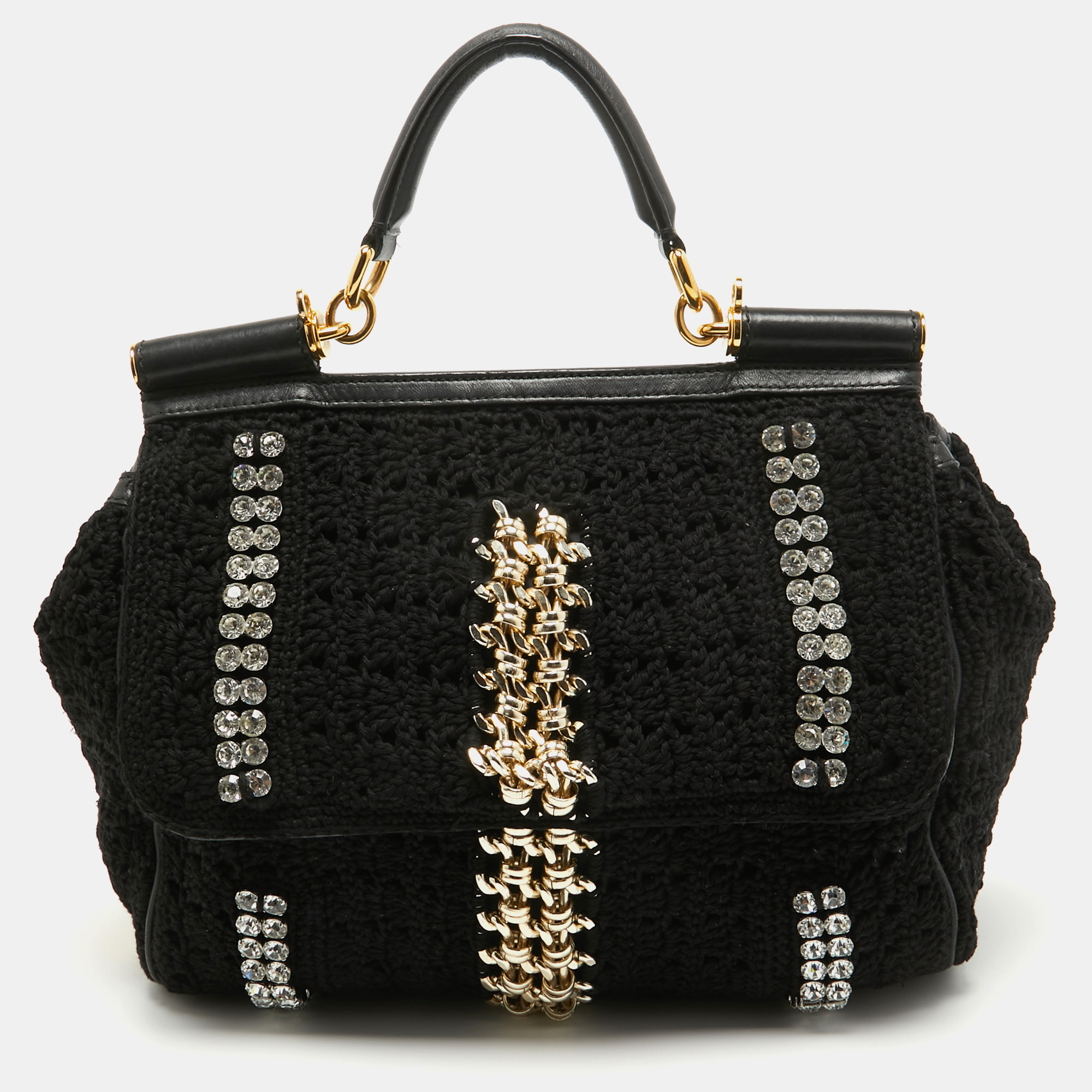 Dolce & Gabbana Black Crochet Fabric Large Crystal And Chain Miss Sicily Top Handle Bag