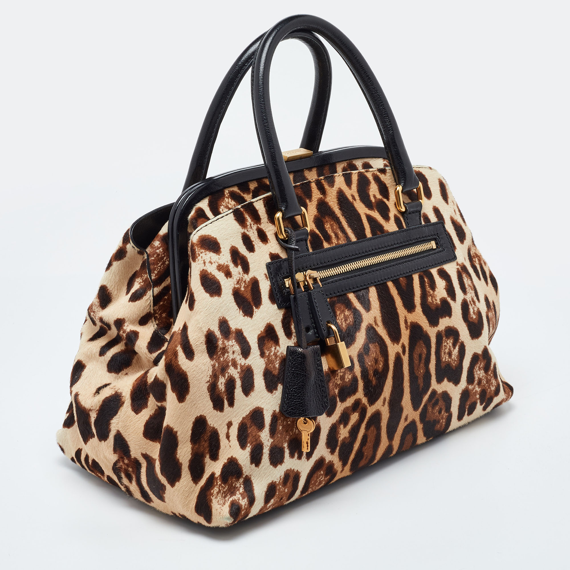Dolce & Gabbana Brown Leopard Print Calfhair And Leather Frame Satchel