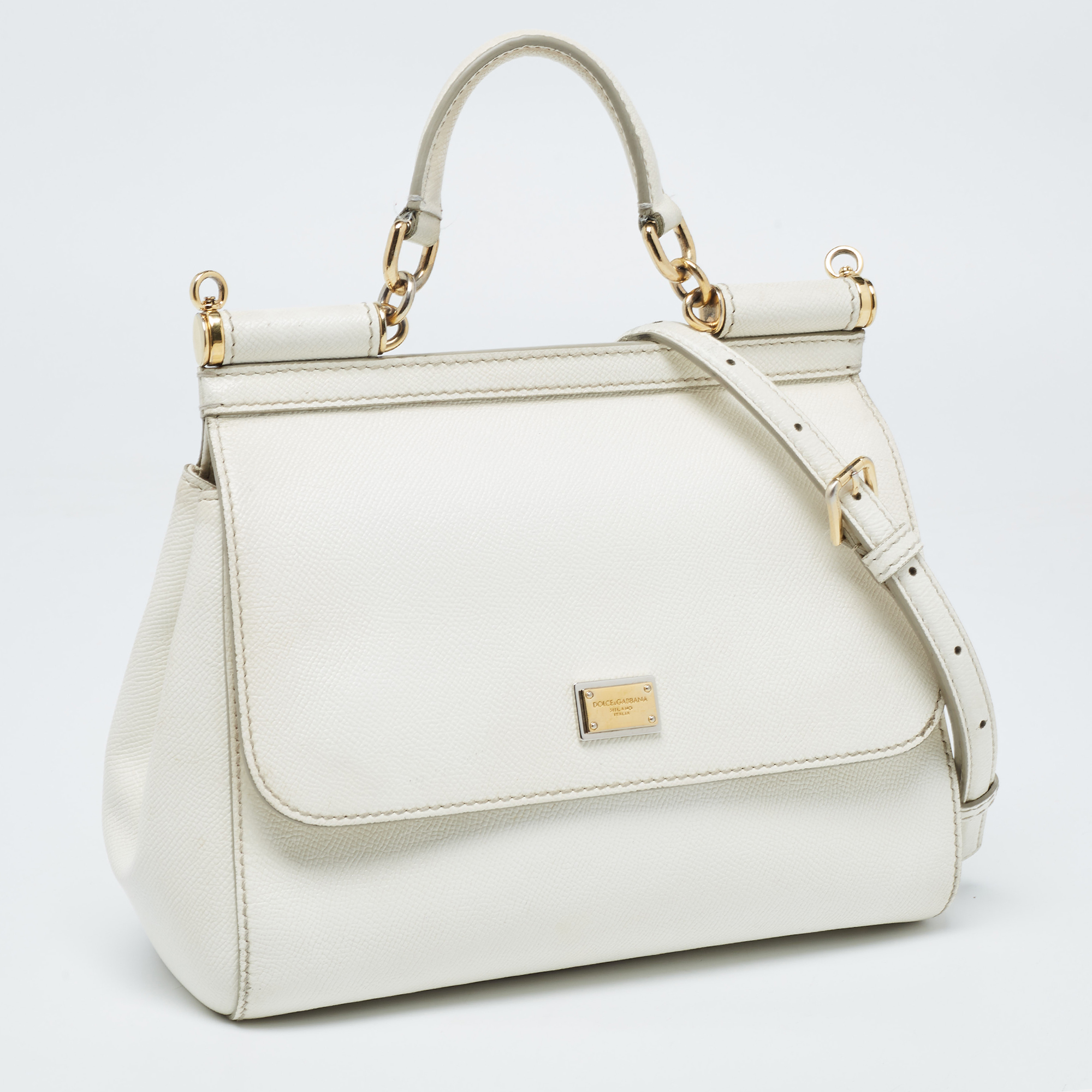 Dolce & Gabbana White Leather Medium Miss Sicily Top Handle Bag