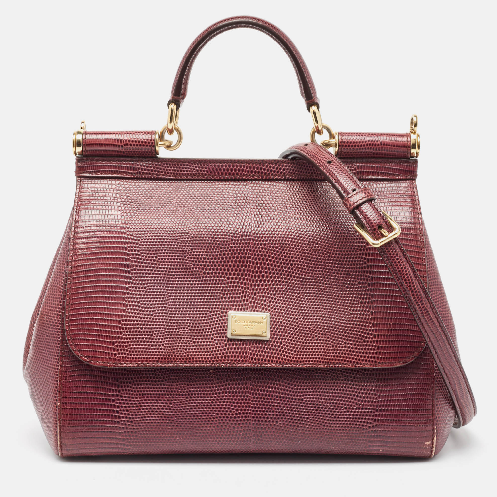 Dolce & gabbana burgundy lizard embossed leather medium miss sicily top handle bag