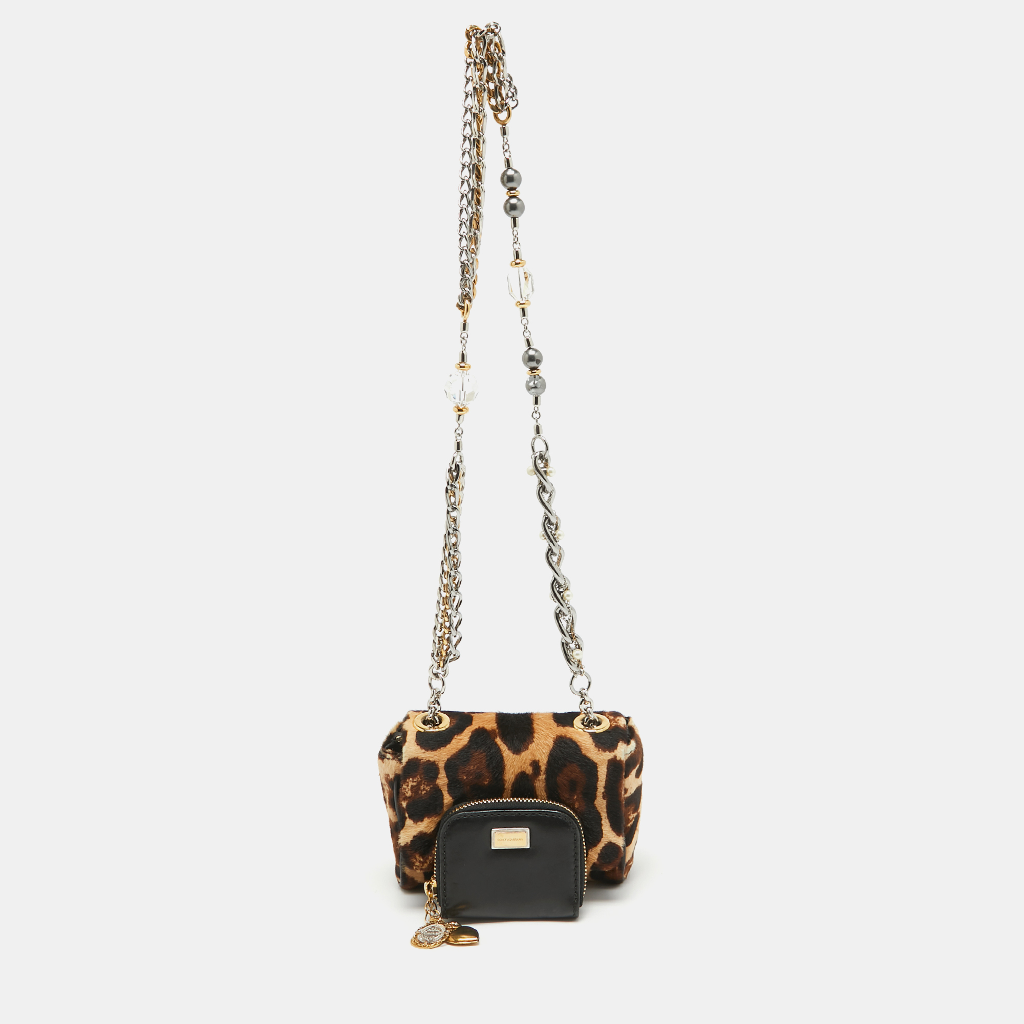Dolce & gabbana black/beige leopard print calfhair and leather mini miss charles bag