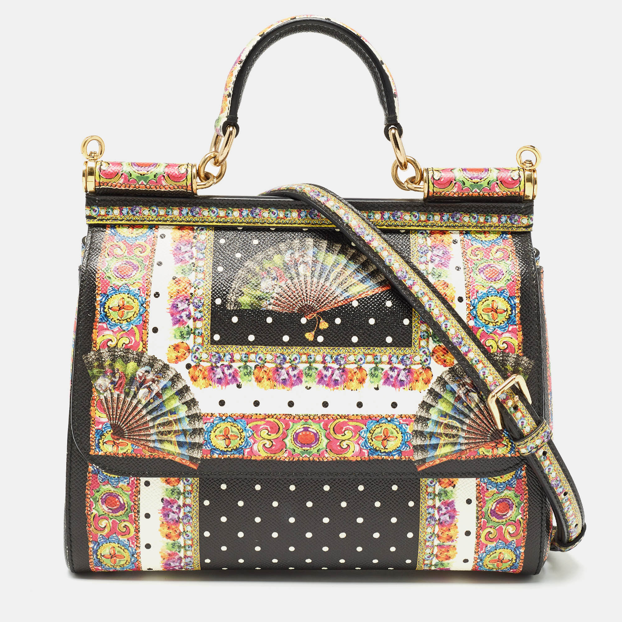 

Dolce & Gabbana Multicolor Fan Foulard Printed Leather Medium Sicily Top Handle Bag