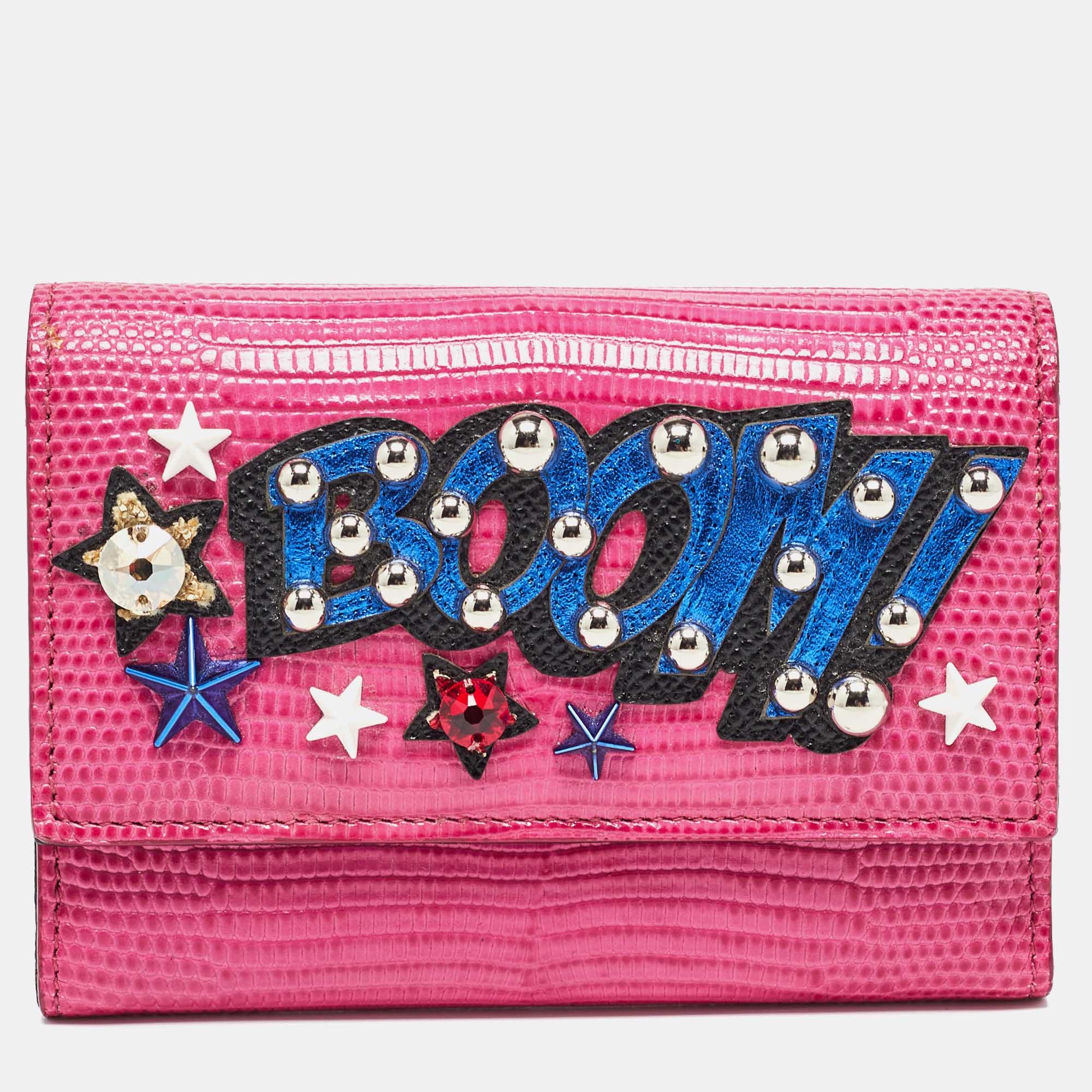 Dolce & gabbana pink lizard embossed leather boom patch trifold wallet