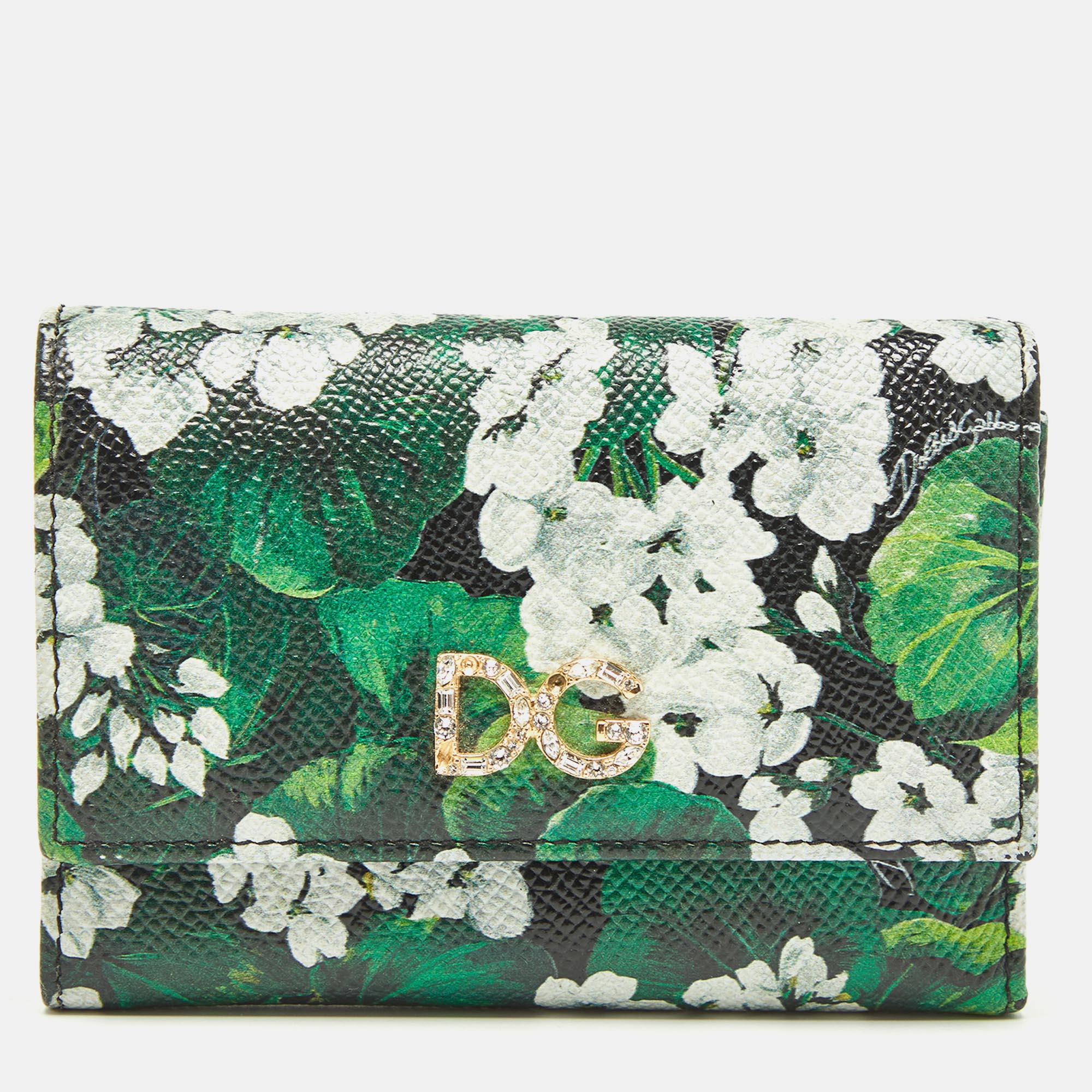 Dolce & gabbana green floral printed leather dg crystals trifold wallet