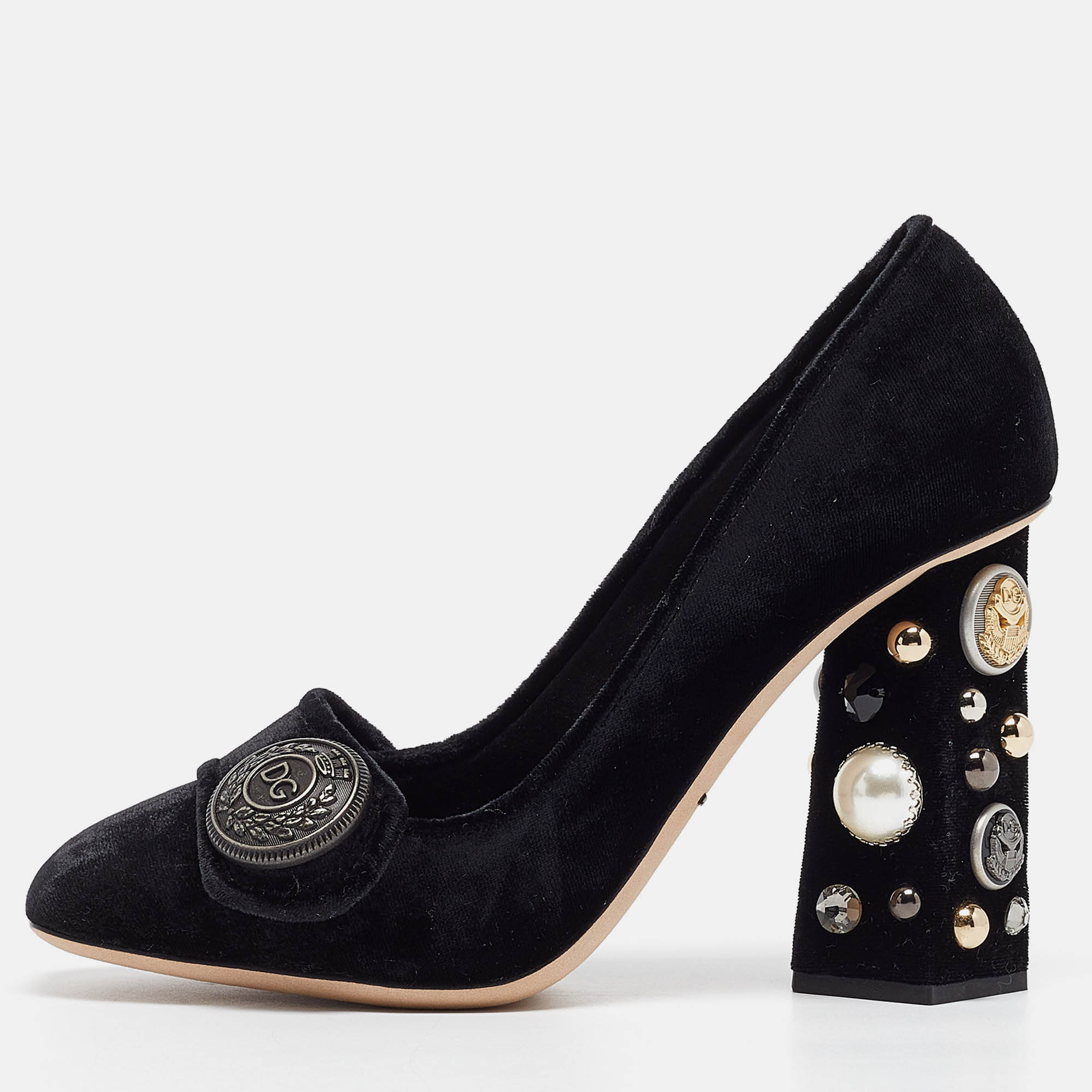 Dolce & gabbana black velvet jackie embellished block heel pumps size 37.5