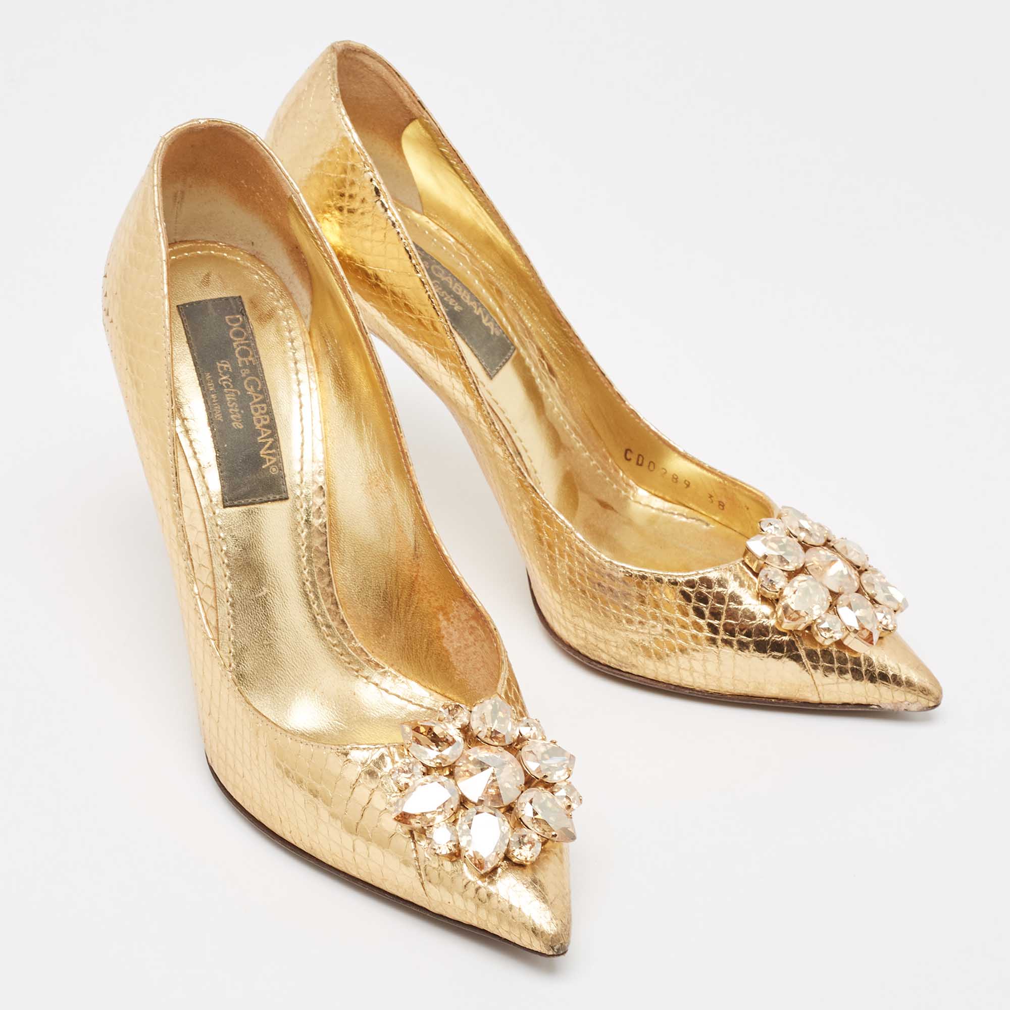 Dolce & Gabbana Gold Embossed Snakeskin Bellucci Pumps Size 38