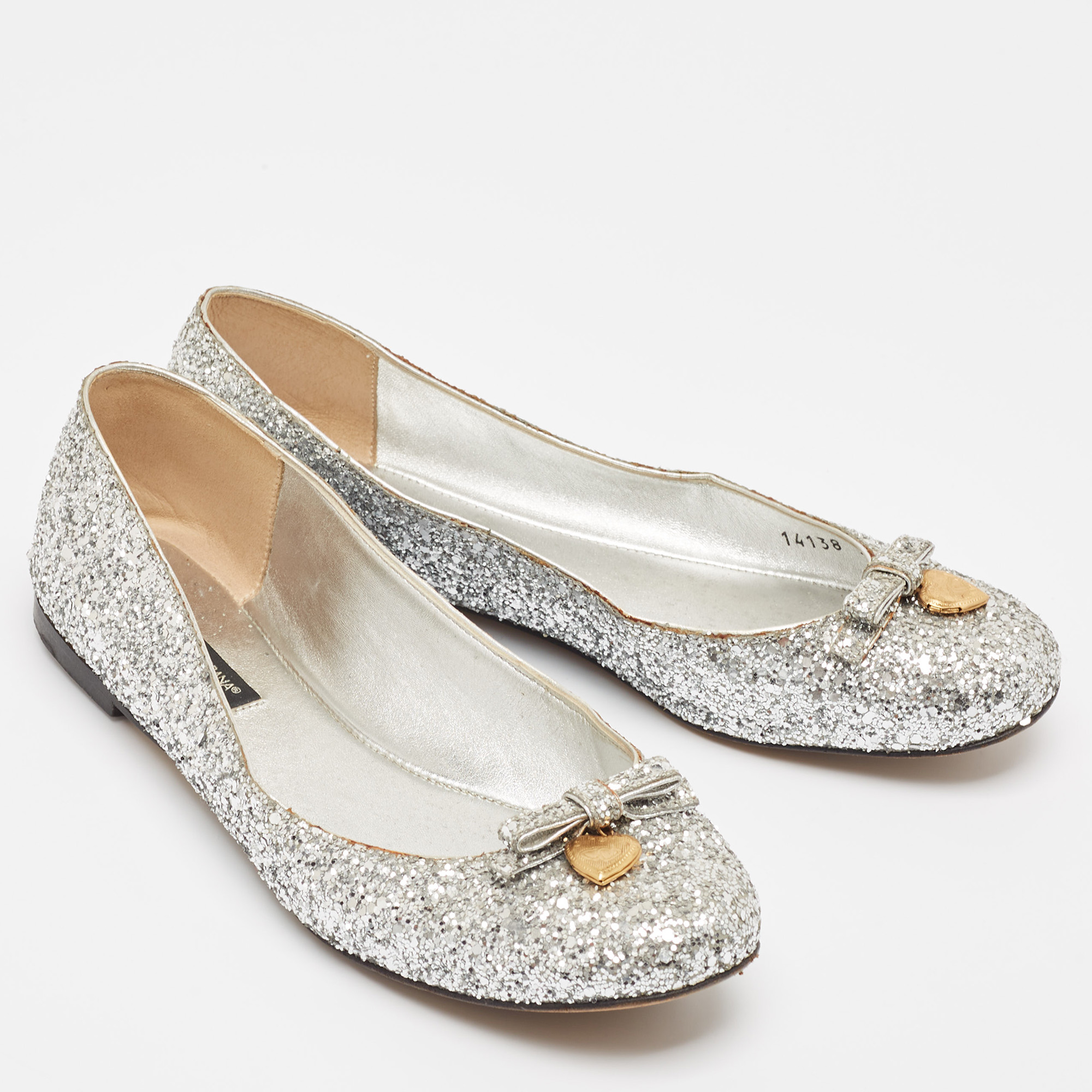 Dolce & Gabbana Silver Glitter Bow Ballet Flats Size 37.5