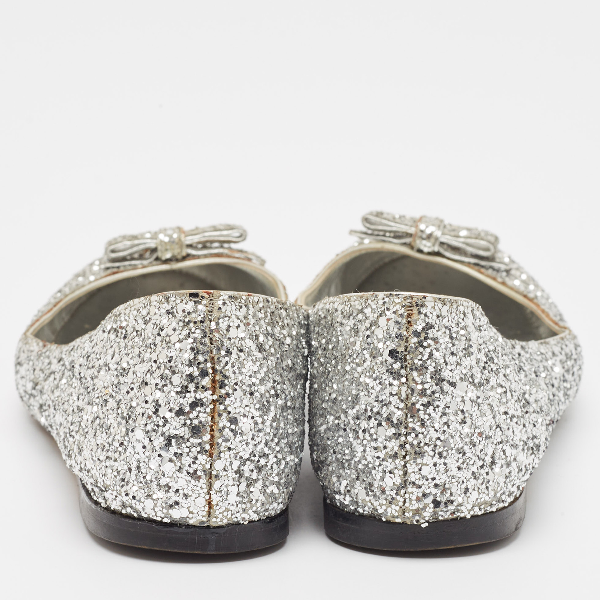 Dolce & Gabbana Silver Glitter Bow Ballet Flats Size 37.5