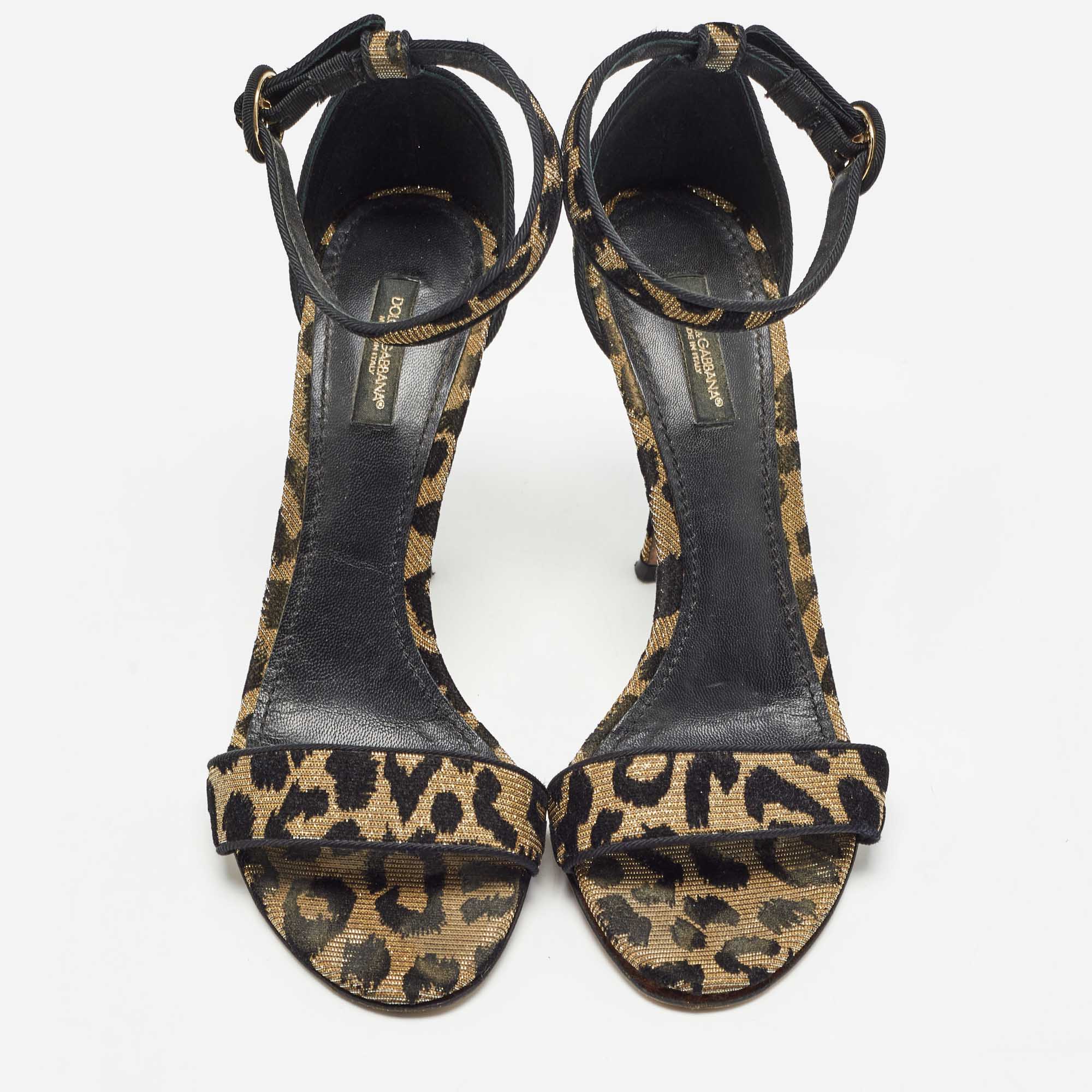 Dolce & Gabbana Gold/Black Leopard Print Fabric Ankle Strap Sandals Size 39