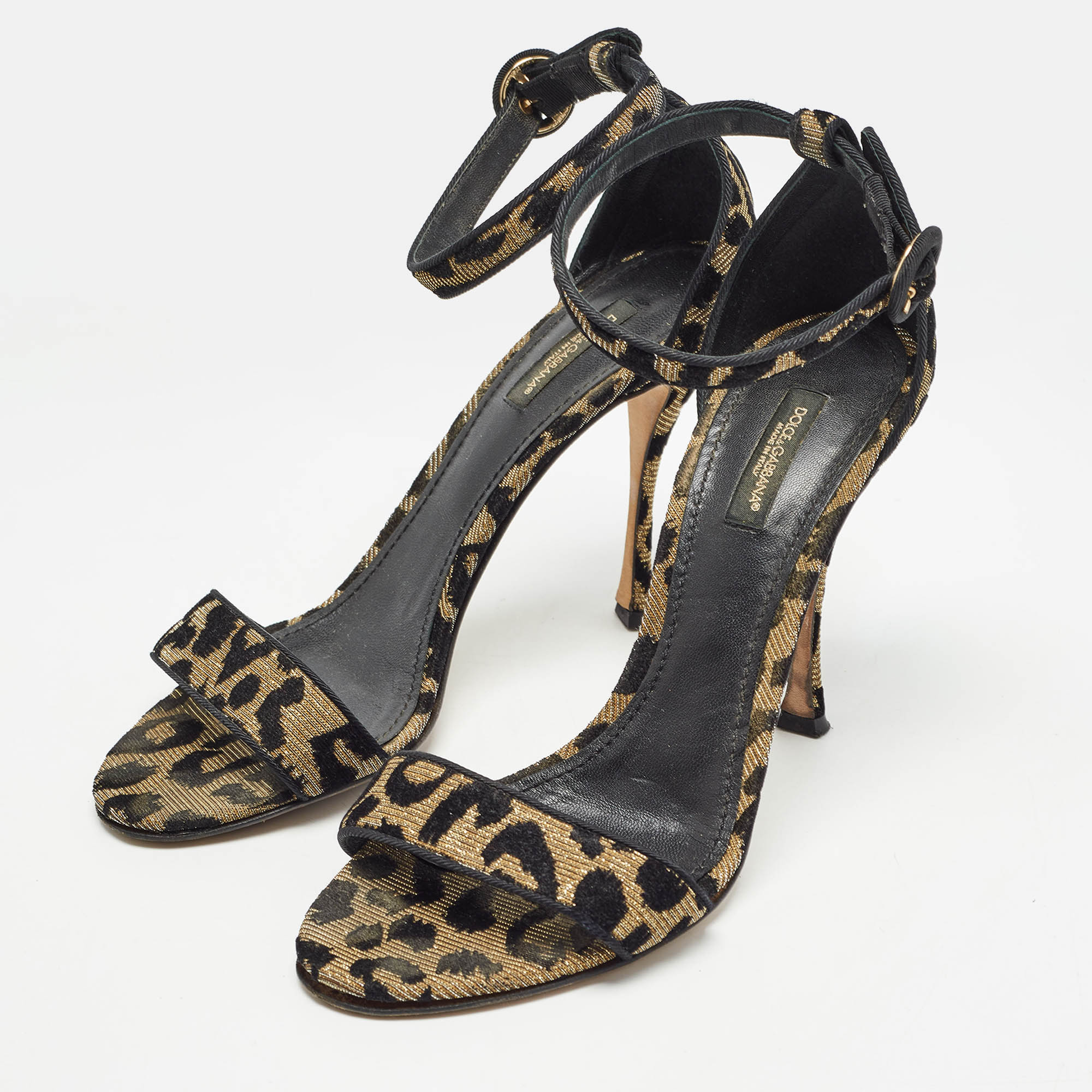 Dolce & Gabbana Gold/Black Leopard Print Fabric Ankle Strap Sandals Size 39