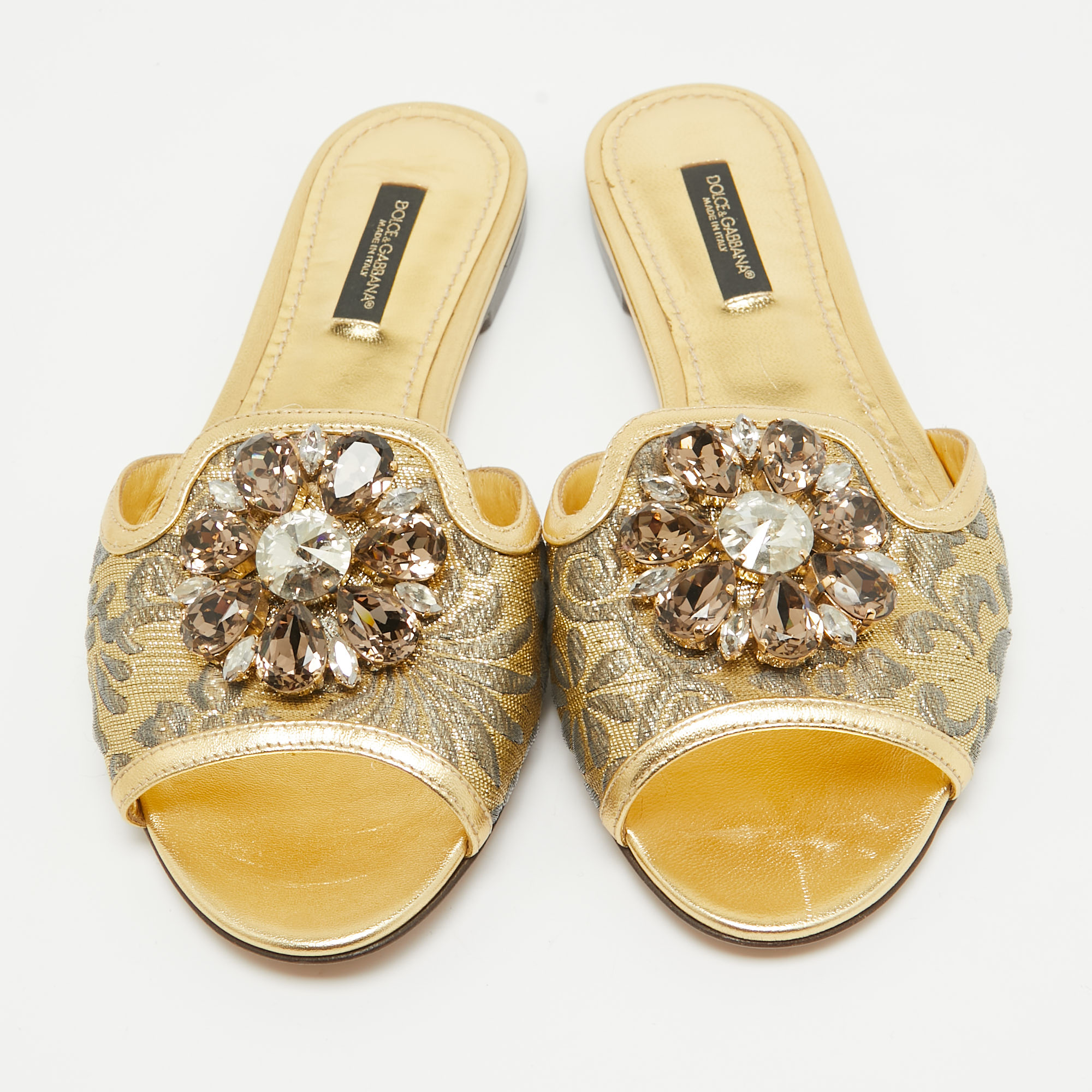 Dolce & Gabbana Gold Brocade Fabric And Leather Crystal Embellished Flat Slides Size 36