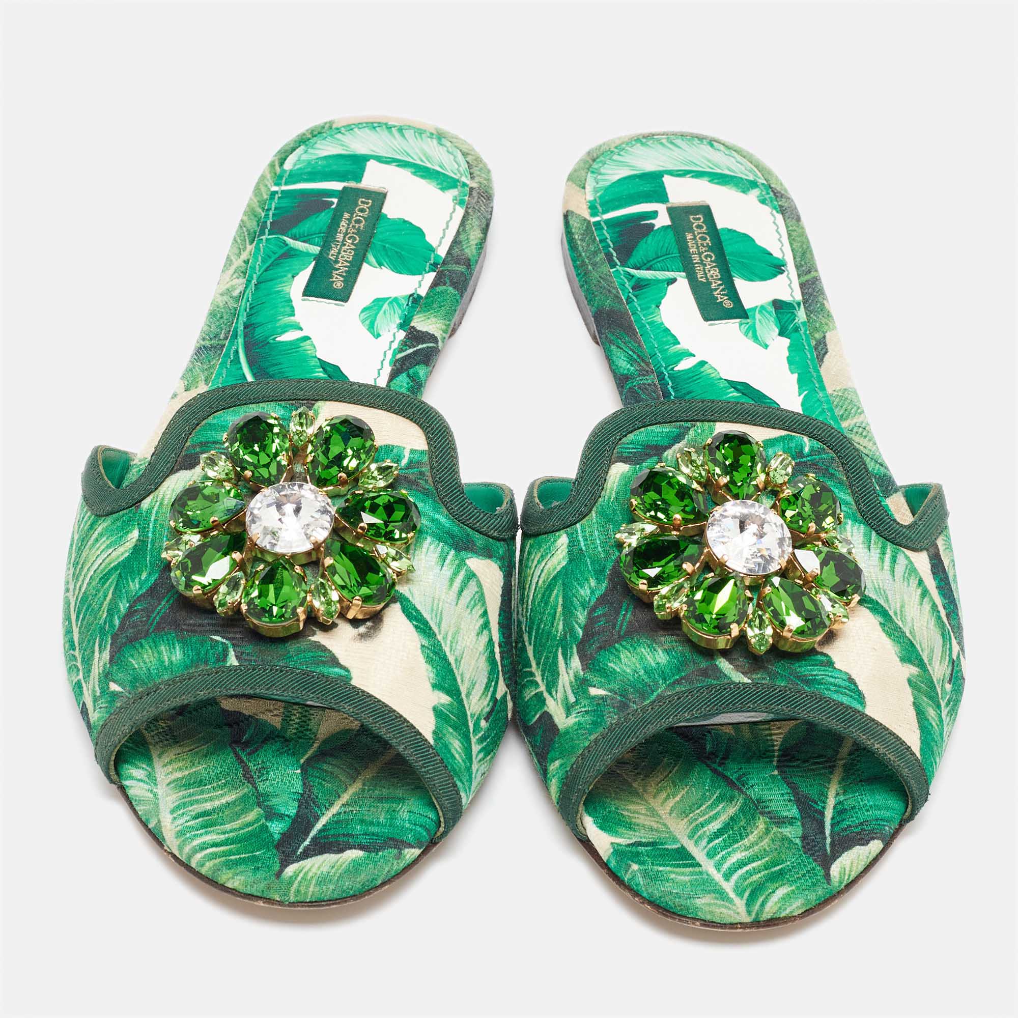 Dolce & Gabbana Green/White Floral Print Fabric Bianca Flat Slides Size 39.5