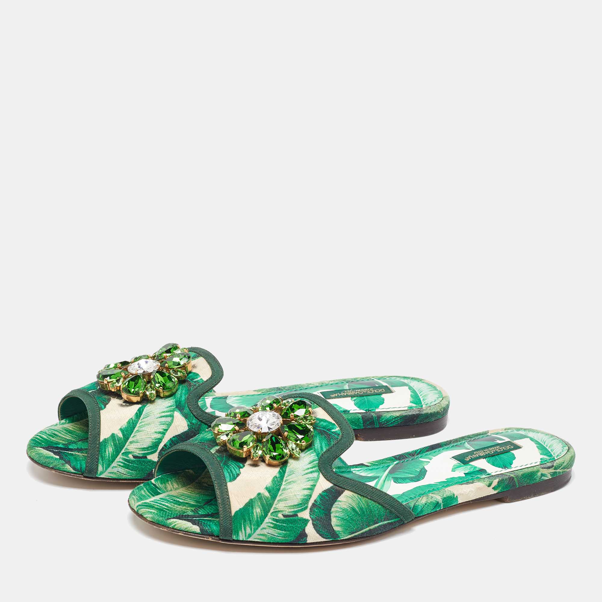 Dolce & Gabbana Green/White Floral Print Fabric Bianca Flat Slides Size 39.5