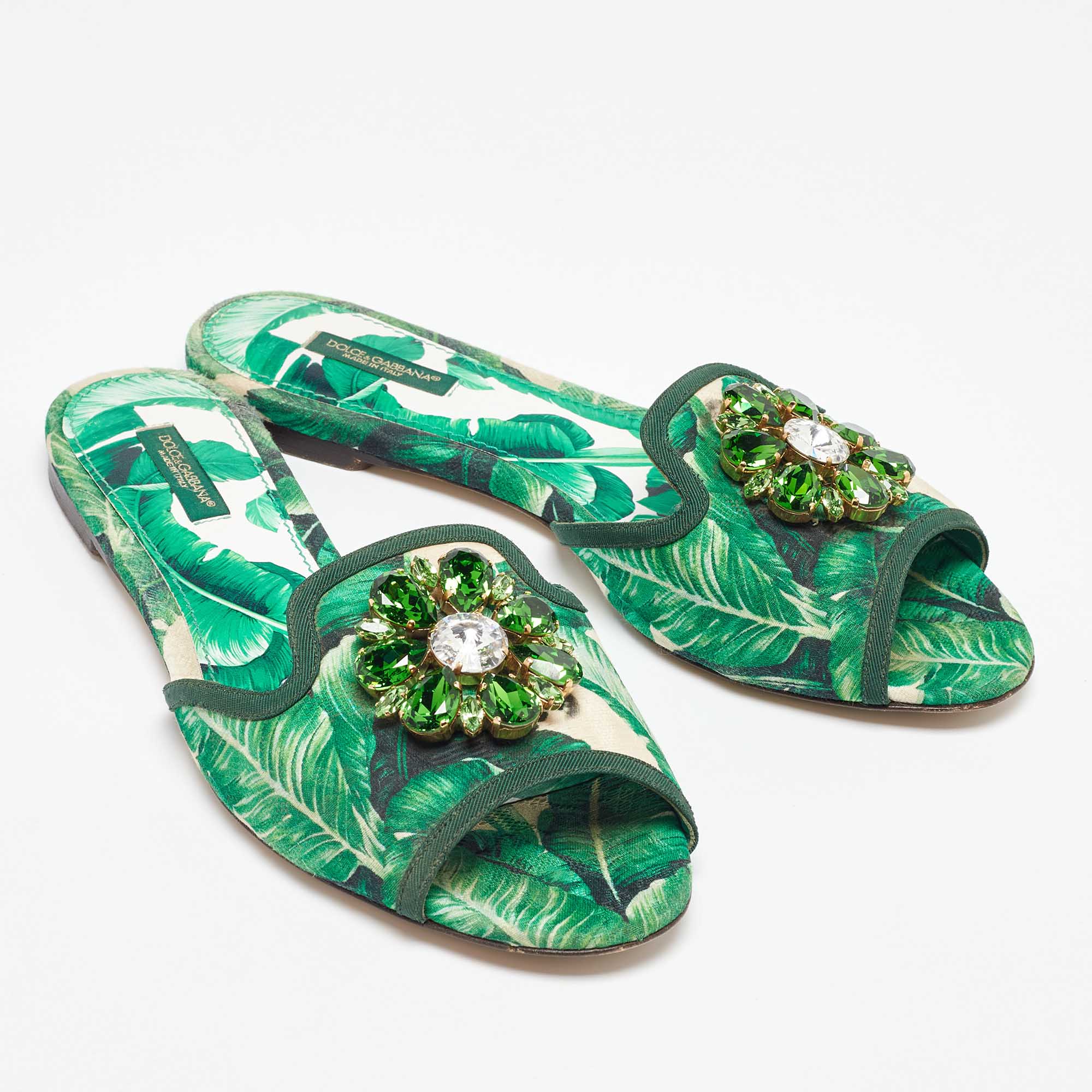 Dolce & Gabbana Green/White Floral Print Fabric Bianca Flat Slides Size 39.5