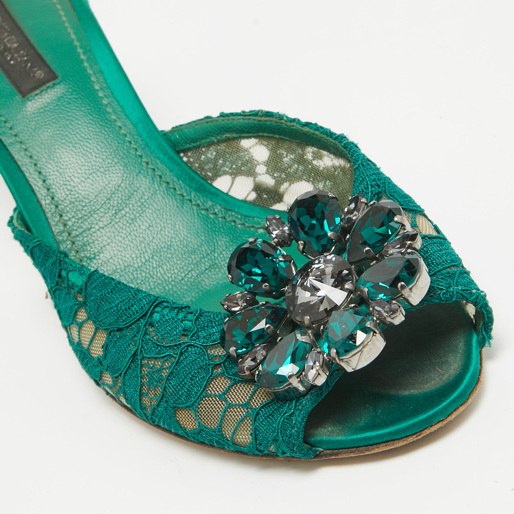 Dolce & Gabbana Green Lace Crystal Embellished Sandals Size 36