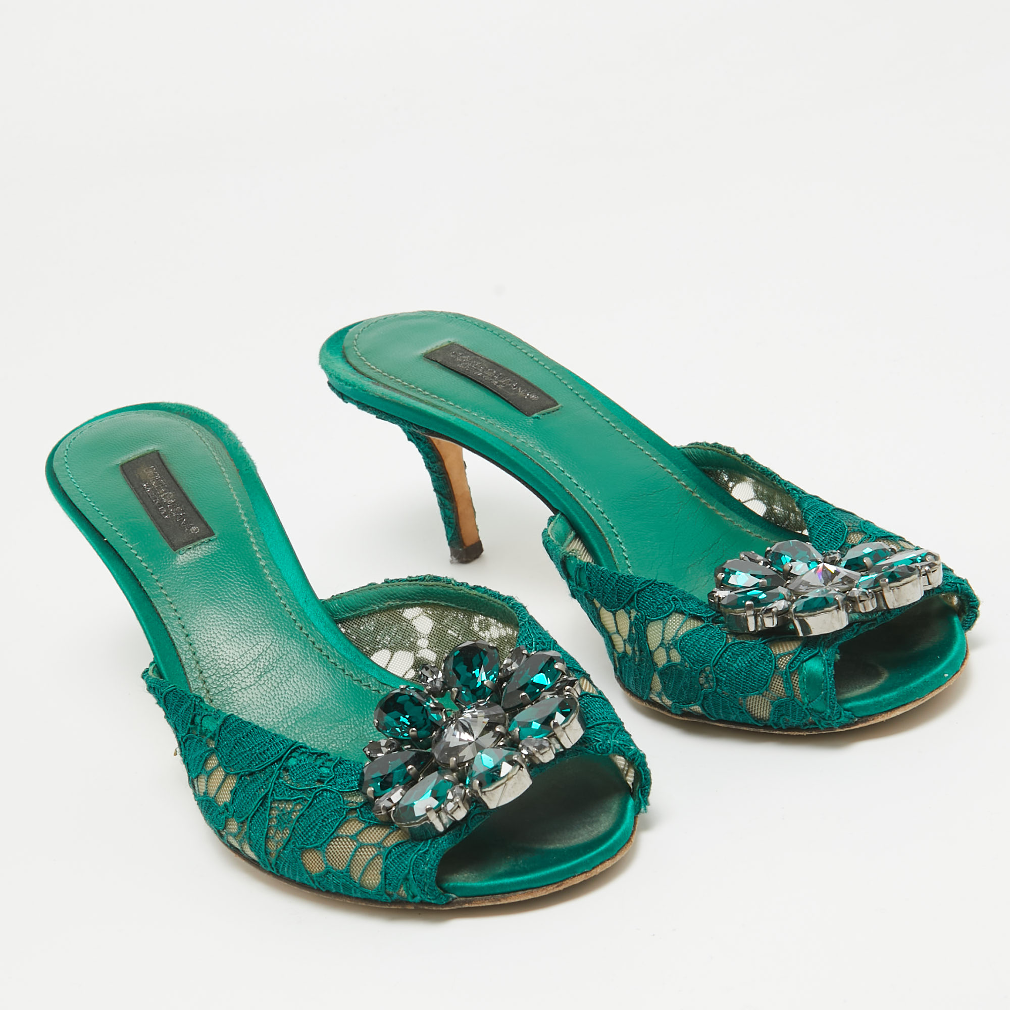 Dolce & Gabbana Green Lace Crystal Embellished Sandals Size 36