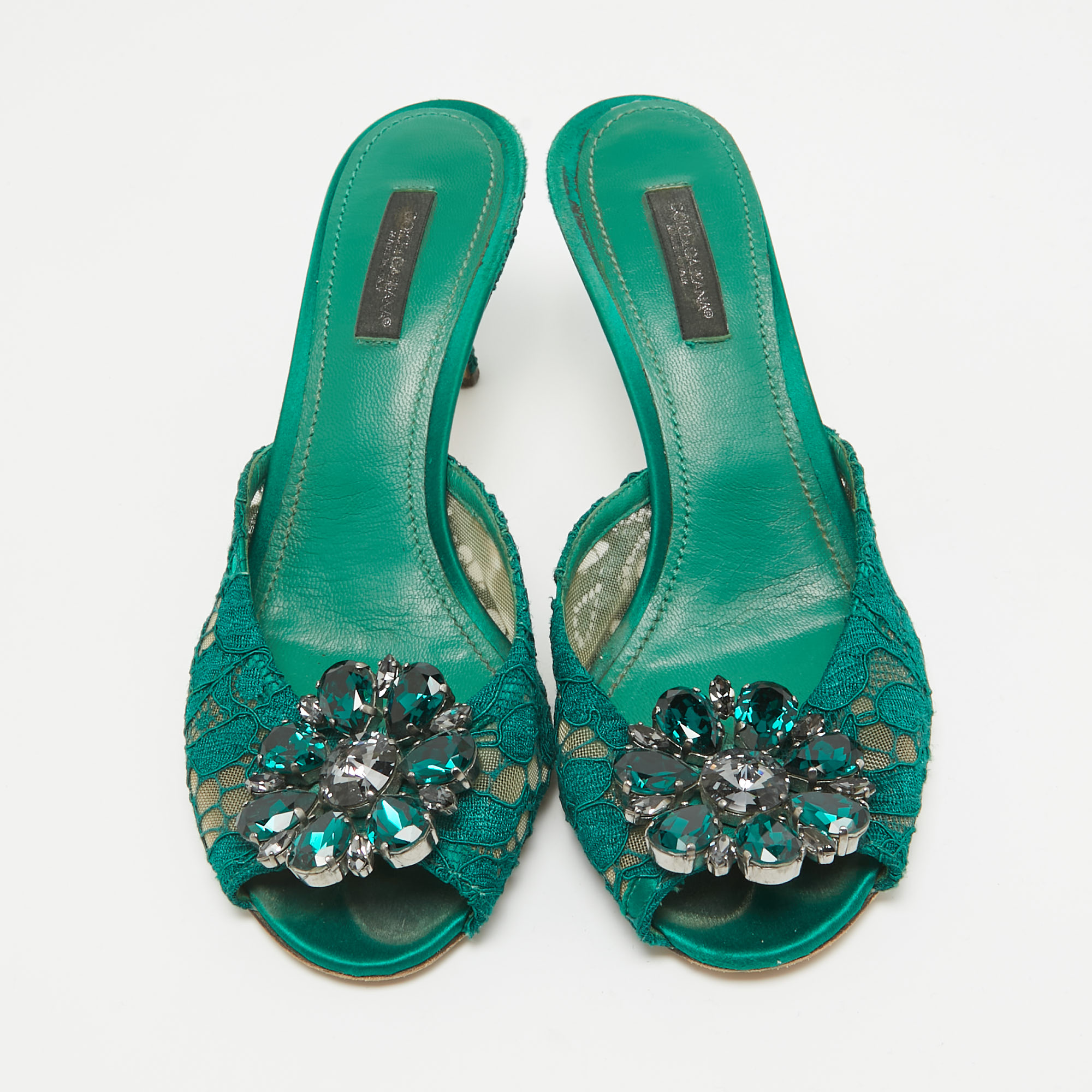 Dolce & Gabbana Green Lace Crystal Embellished Sandals Size 36