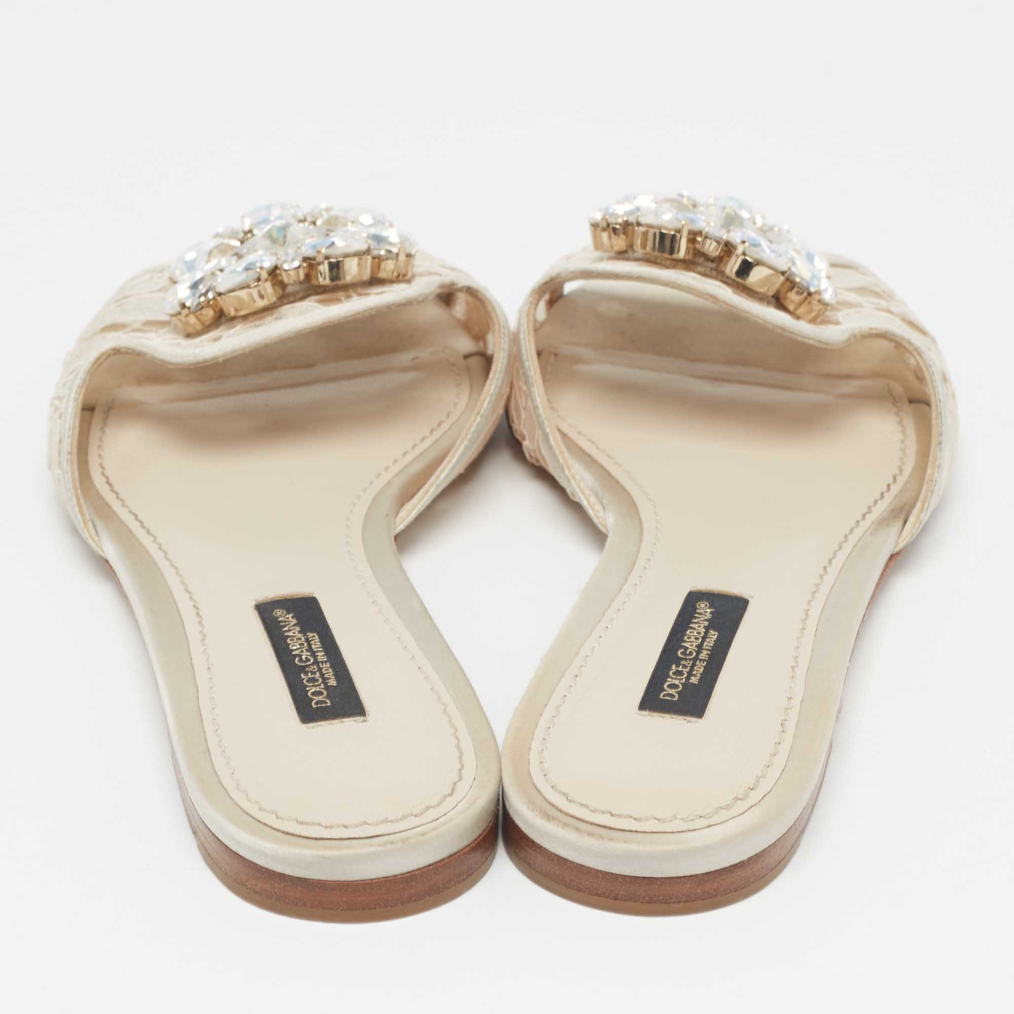 Dolce & Gabbana Light Grey Lace Bianca Flat Slides Size 35.5