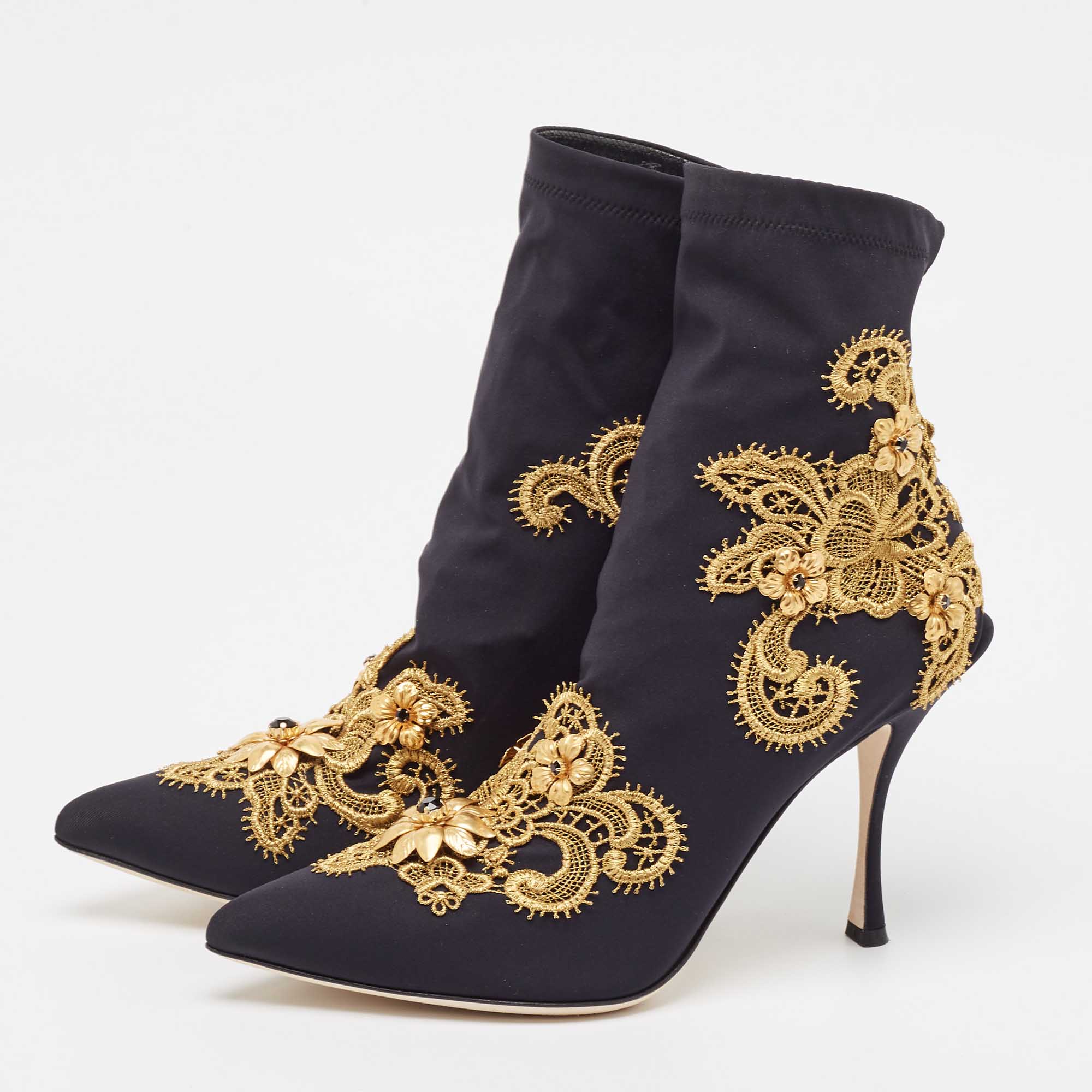 Dolce & Gabbana Black/Gold Baroque Embroidered Fabric Lori Ankle Boots Size 39