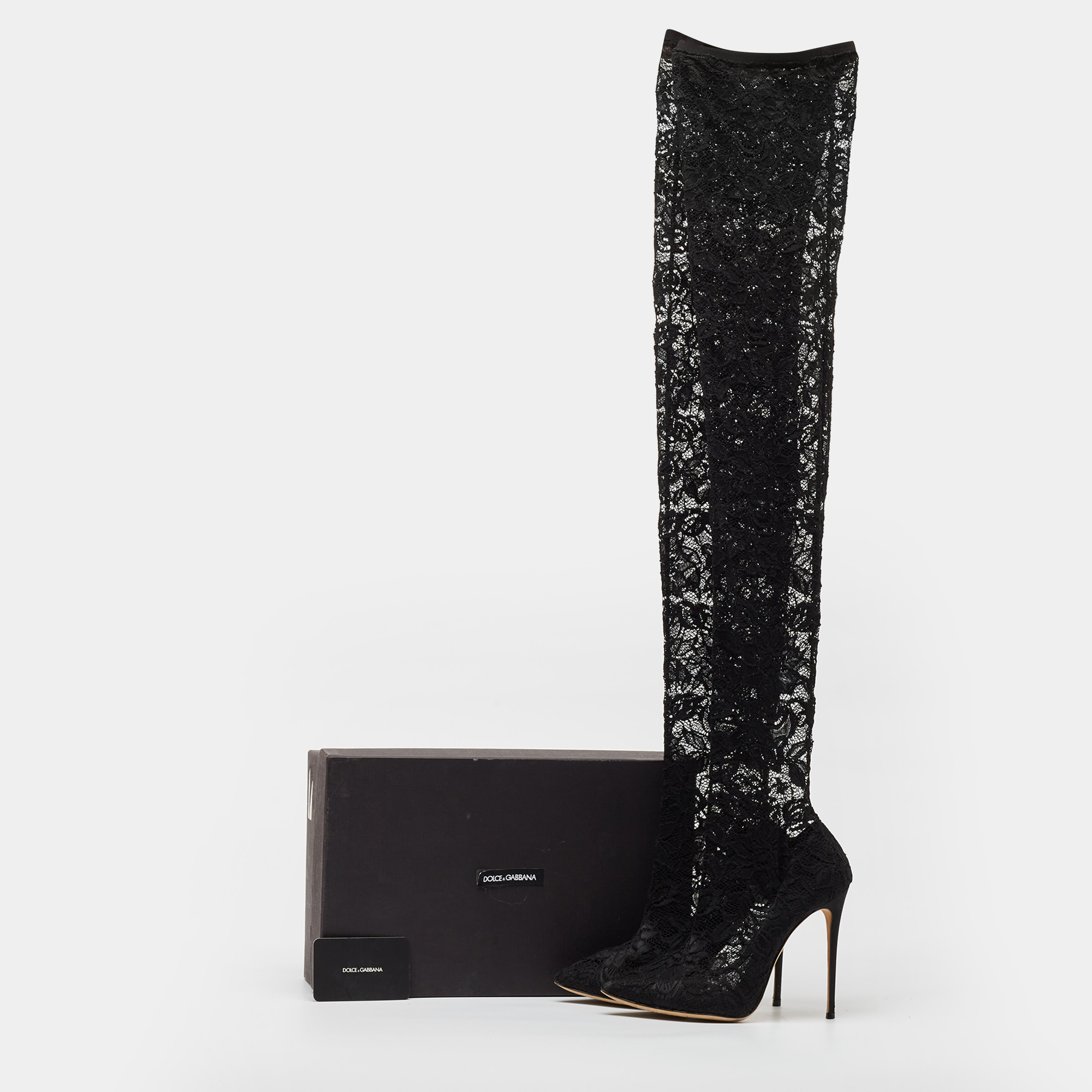 Dolce & Gabbana Black Lace And Mesh Knee Length Boots Size 37