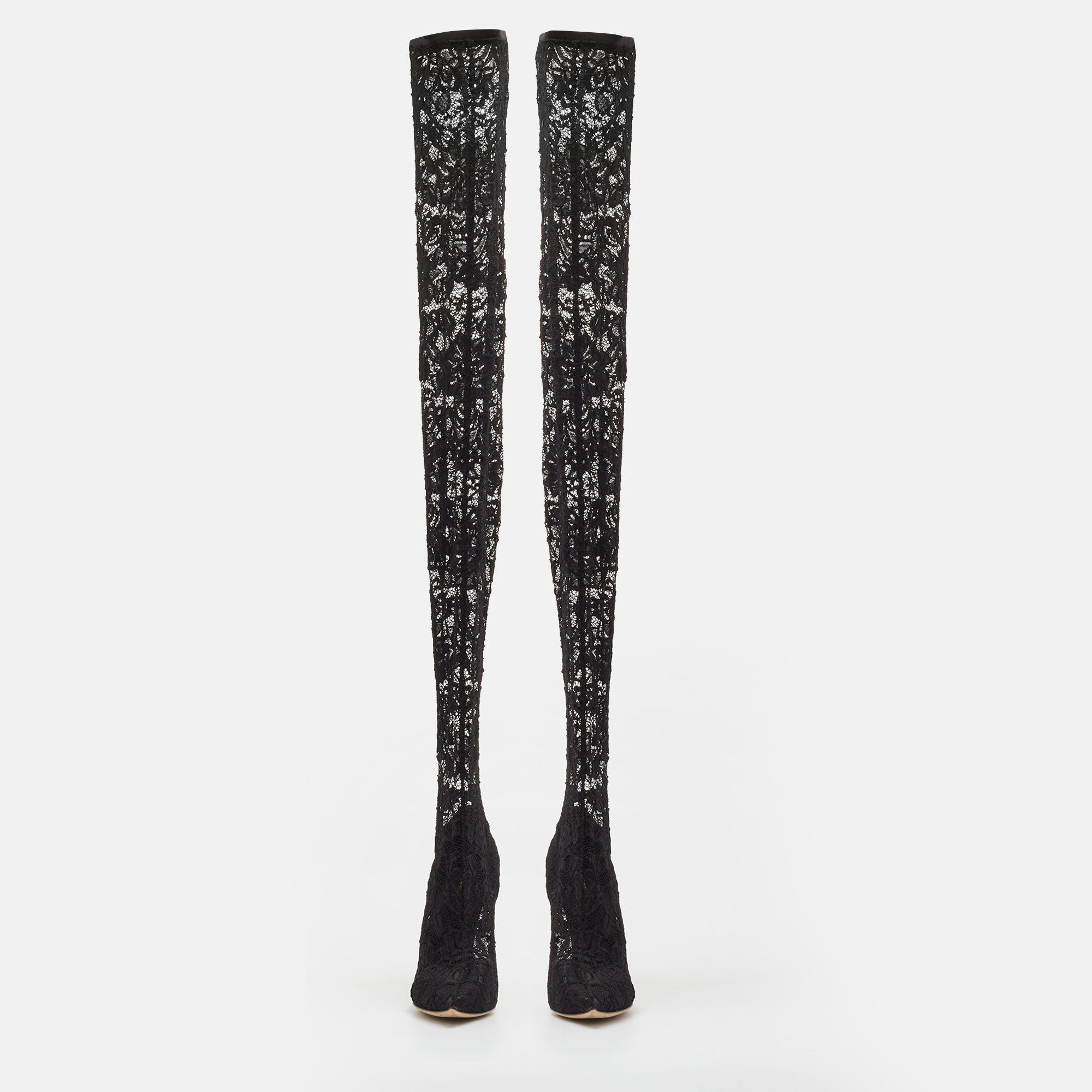 Dolce & Gabbana Black Lace And Mesh Knee Length Boots Size 37