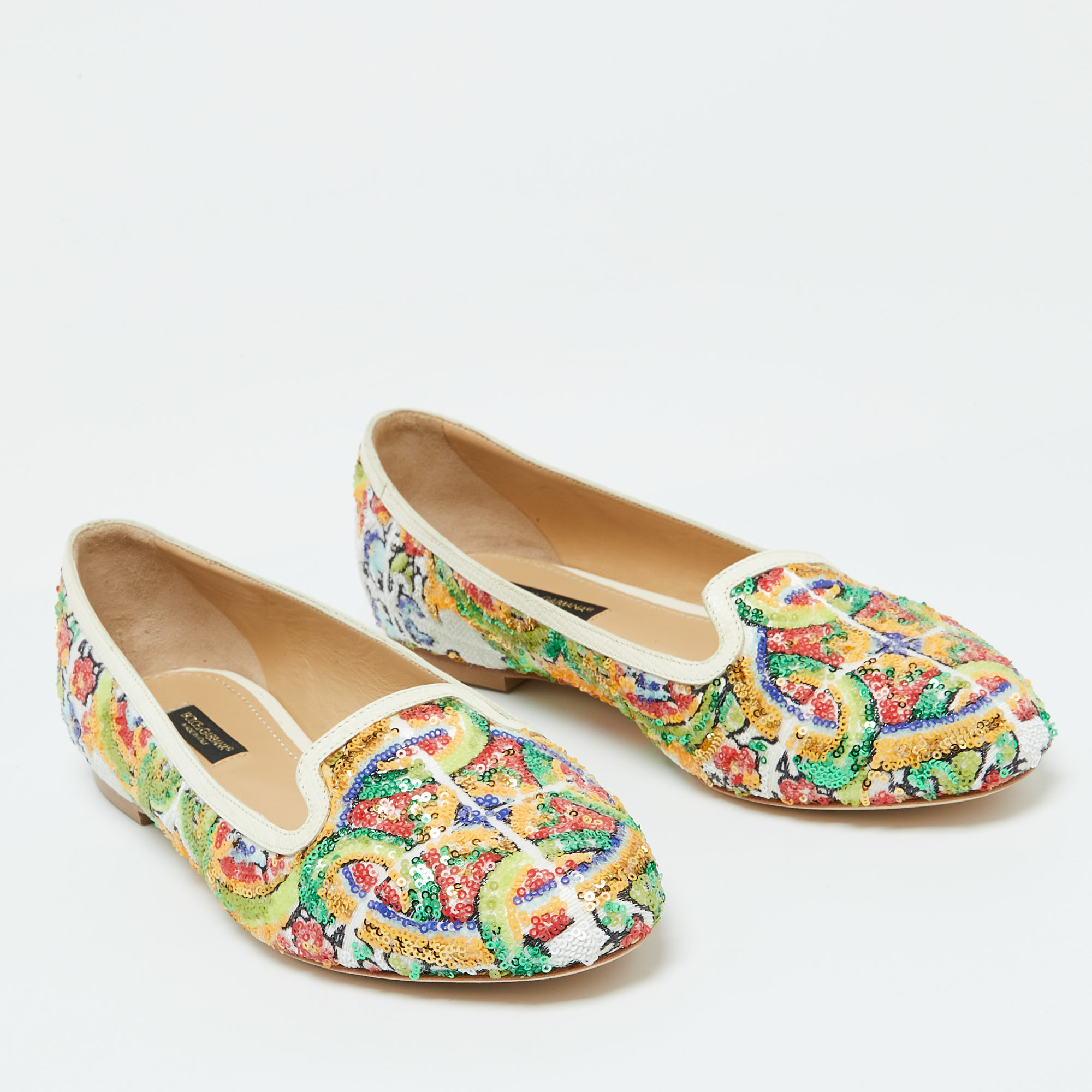 Dolce & Gabbana Multicolor Sequins And Croc Embossed Leather Smoking Slippers Size 37