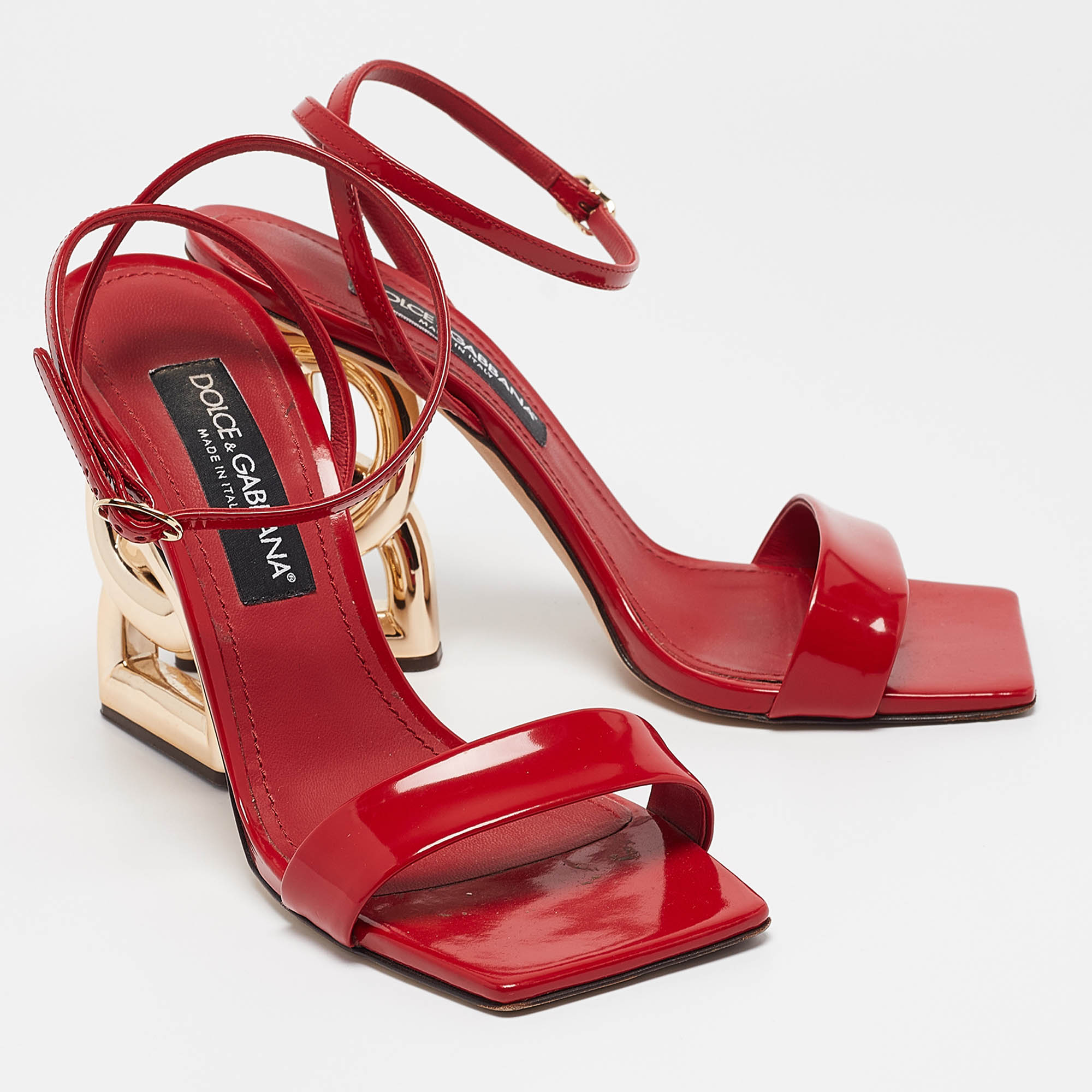 Dolce & Gabbana Red Patent Leather DG Heel Ankle Strap Sandals Size 40