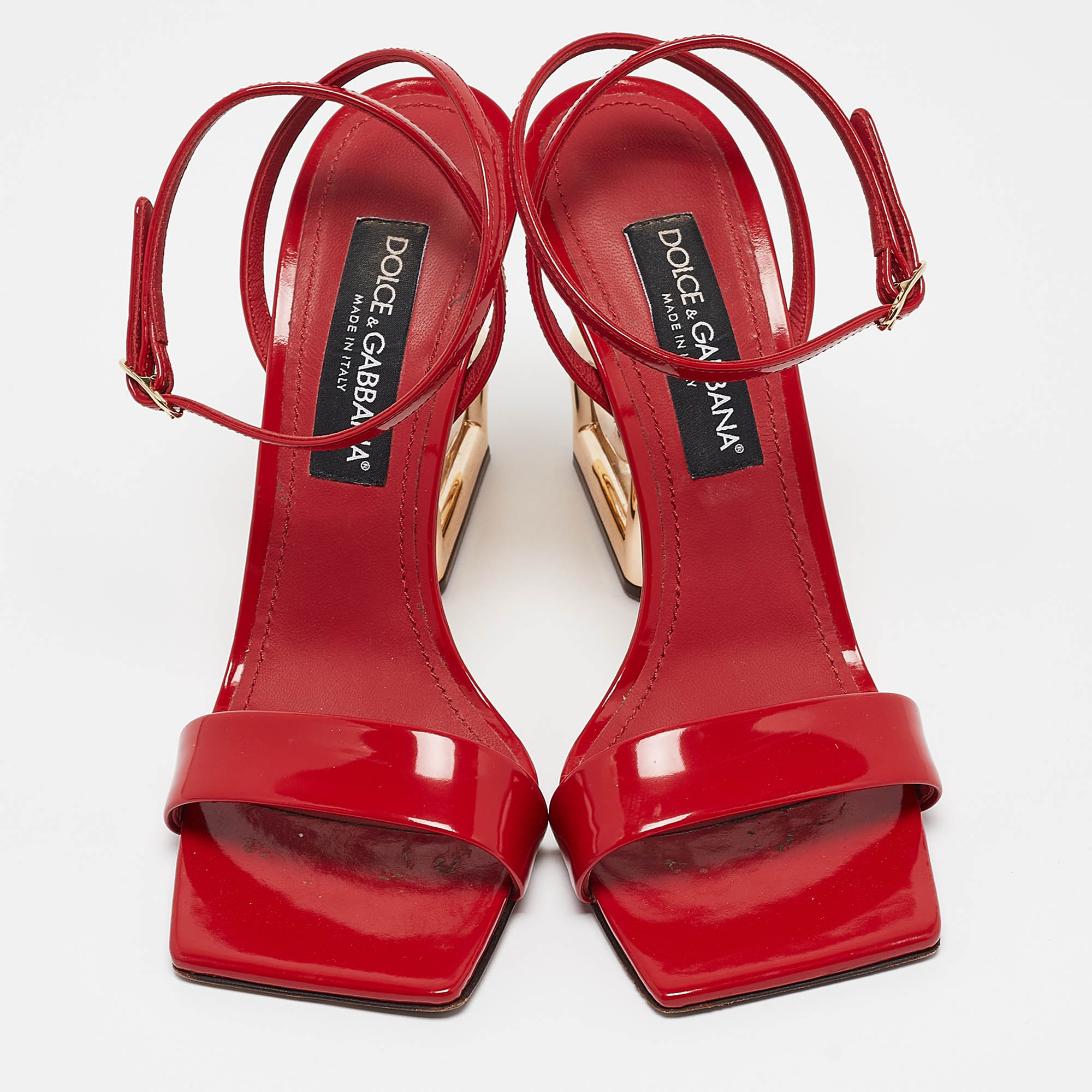 Dolce & Gabbana Red Patent Leather DG Heel Ankle Strap Sandals Size 40