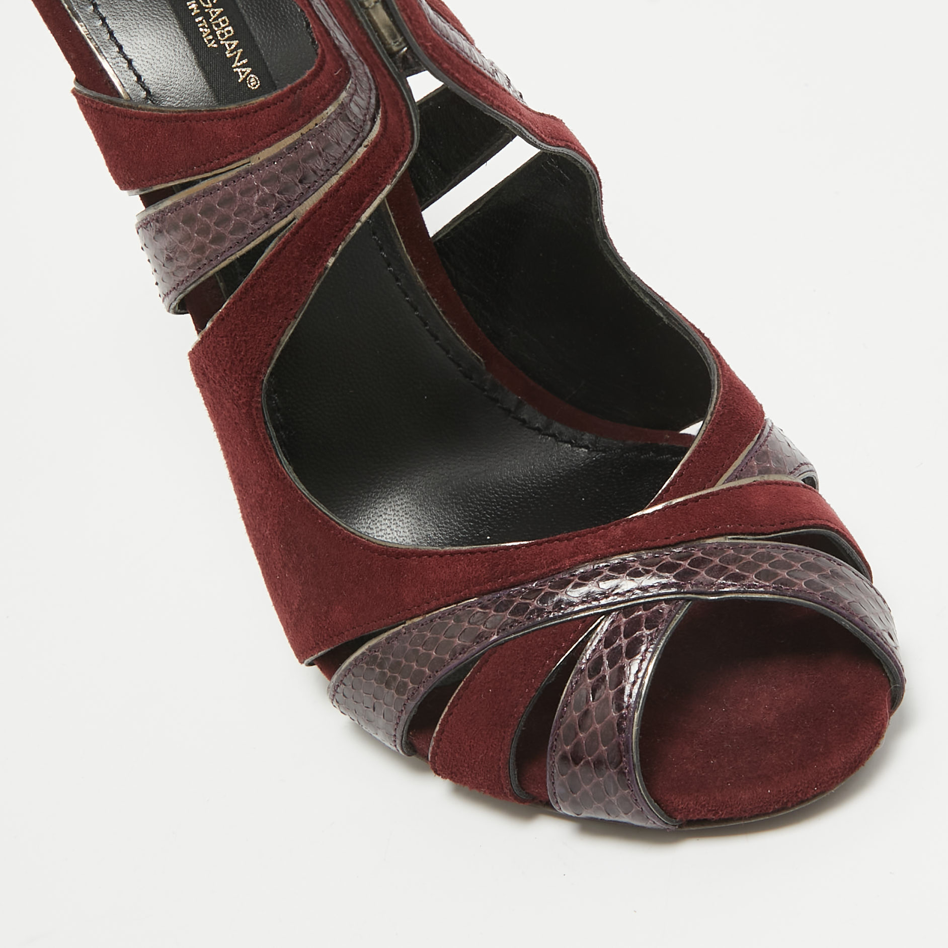 Dolce & Gabbana Burgundy Snakeskin And Suede Ankle Strap Sandals Size 38