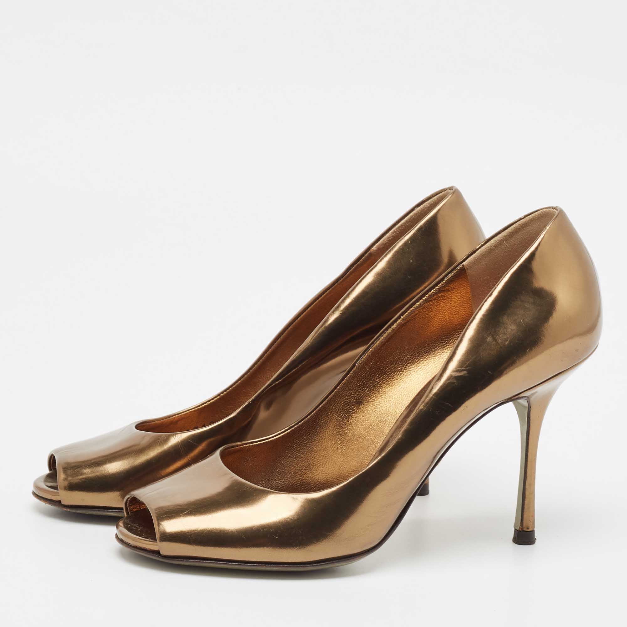 Dolce & Gabbana Gold Leather Peep Toe Pumps Size 38