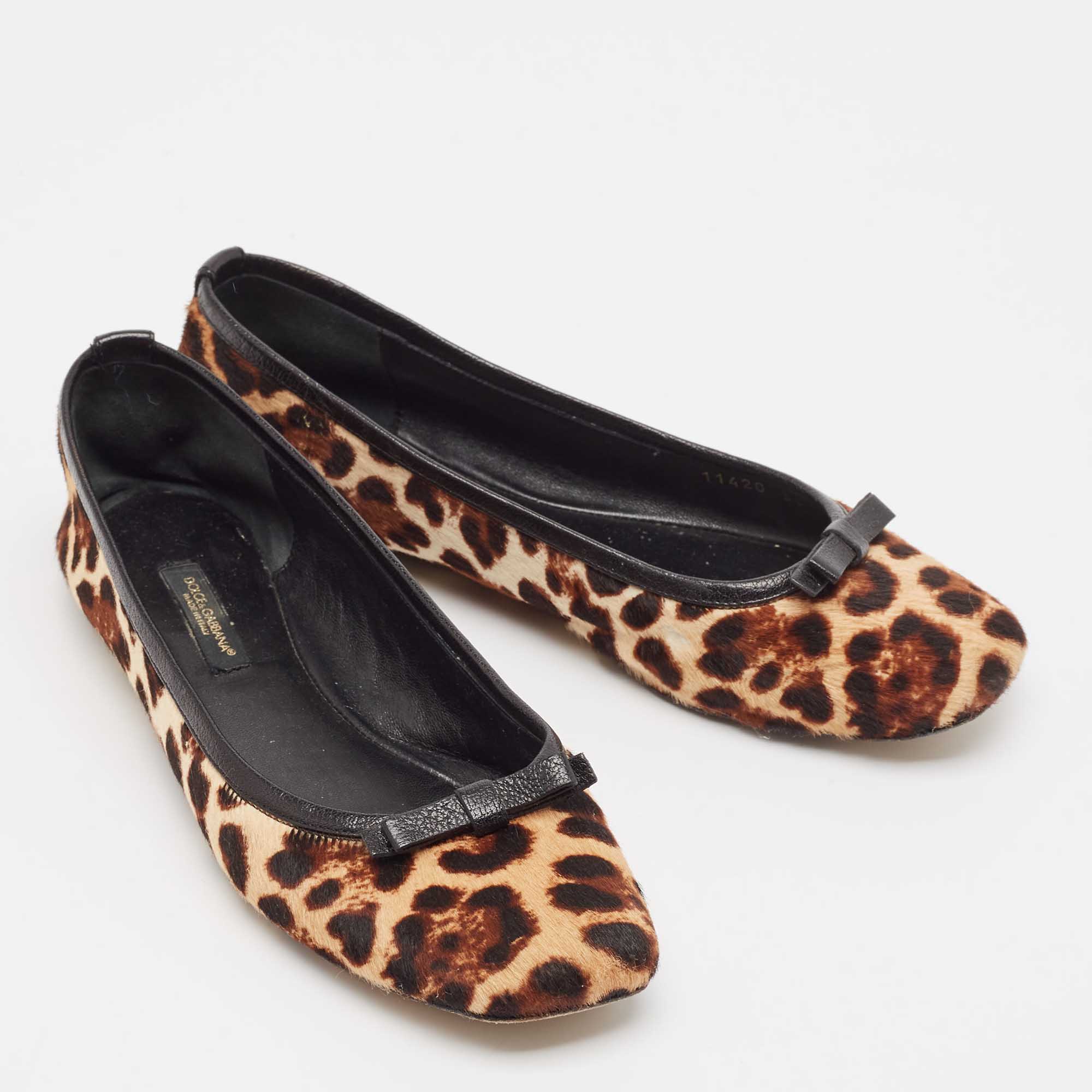 Dolce & Gabbana Brown/Beige Leopard Print Calf Hair Ballet Flats Size 36