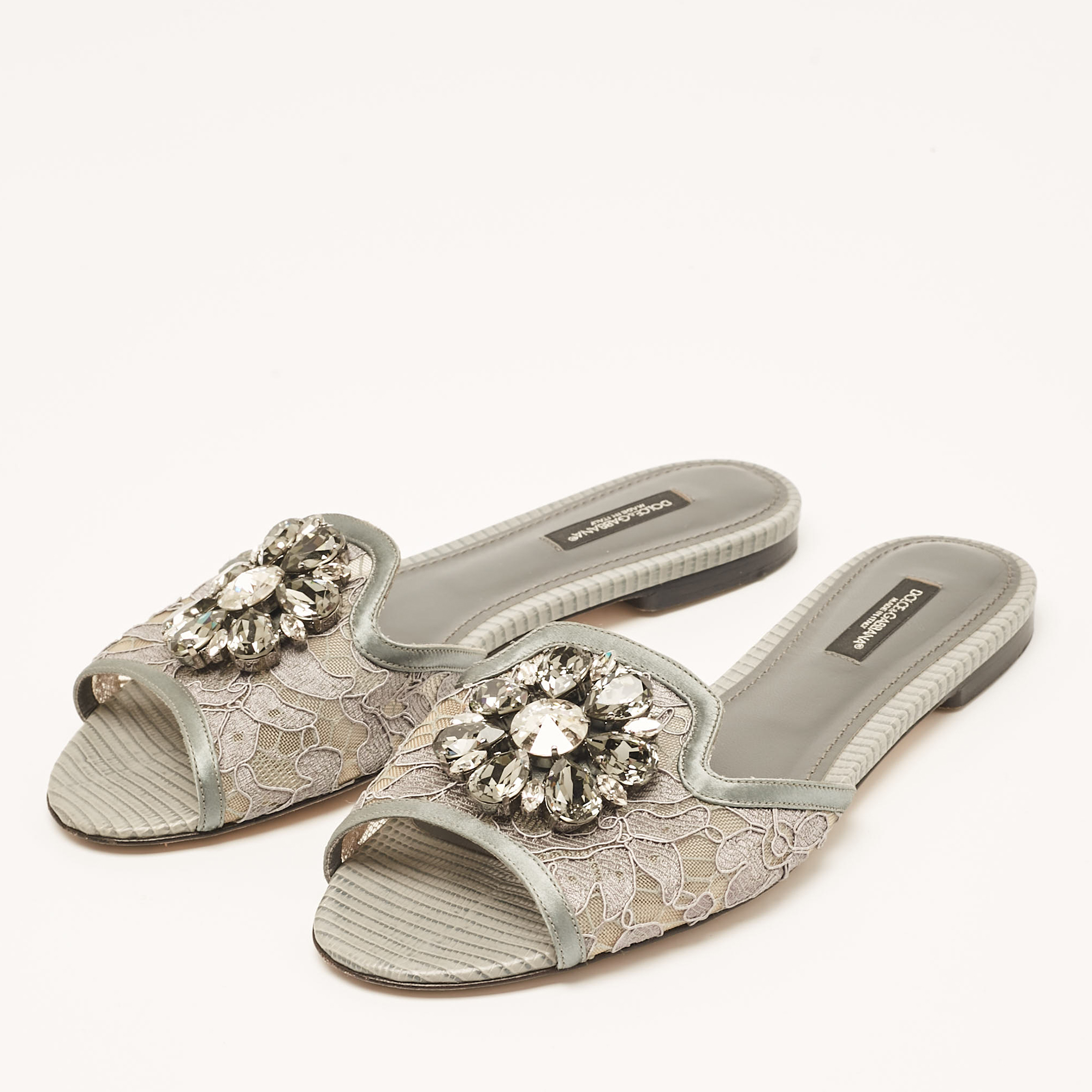 Dolce & Gabbana Grey Lace And Satin Flat Slides Size 37