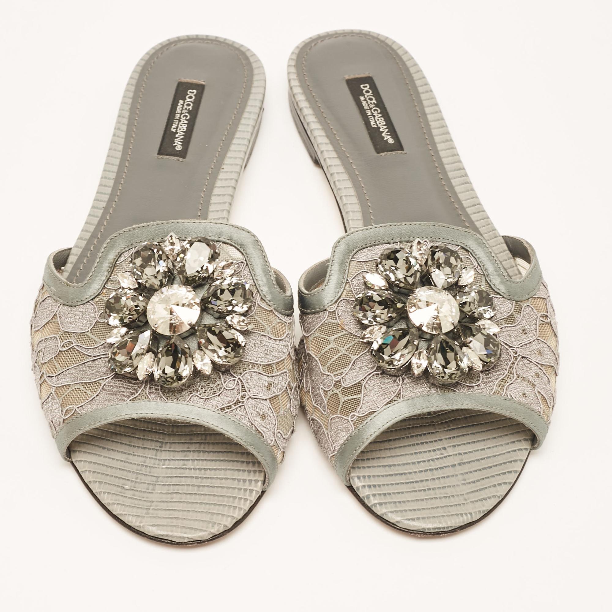 Dolce & Gabbana Grey Lace And Satin Flat Slides Size 37