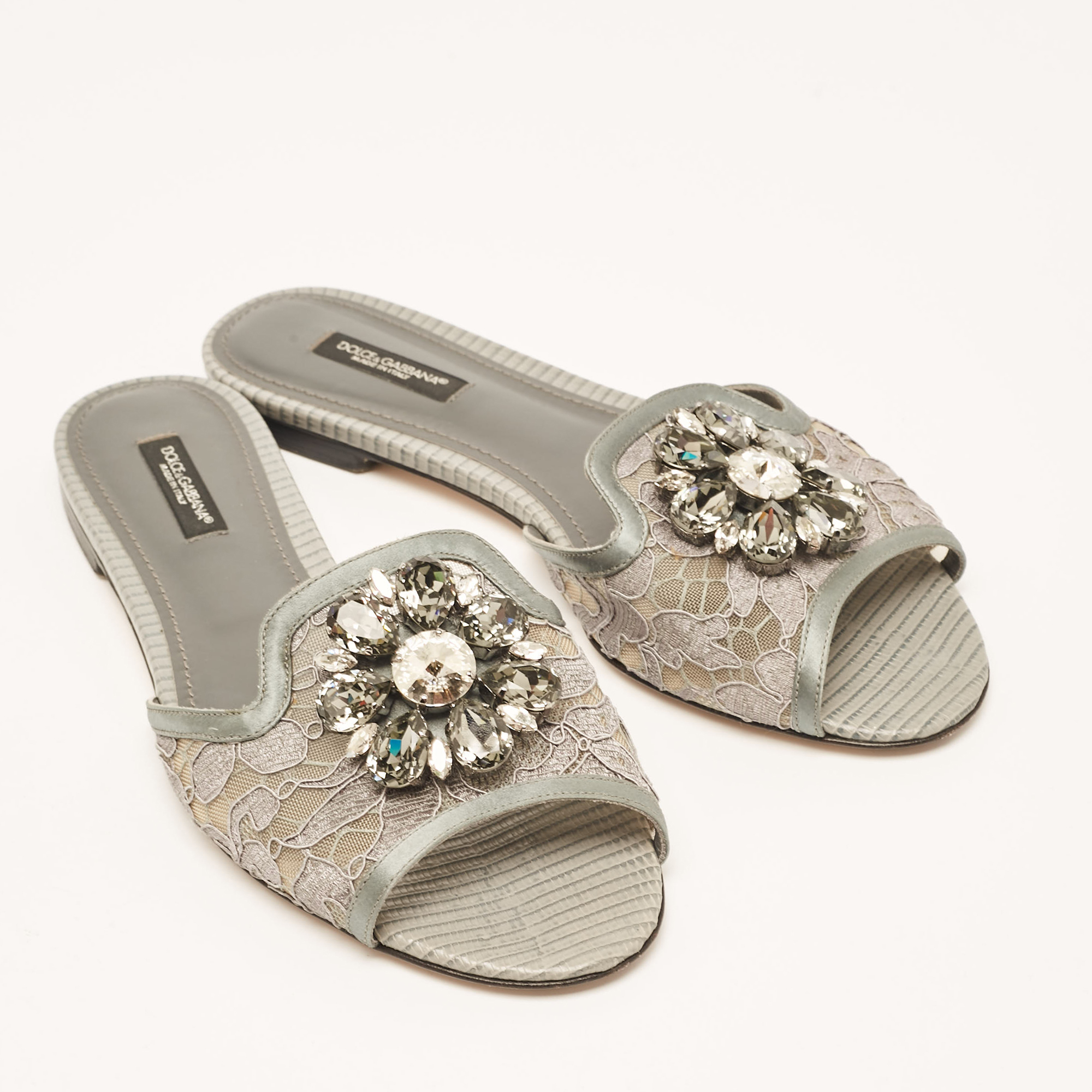 Dolce & Gabbana Grey Lace And Satin Flat Slides Size 37