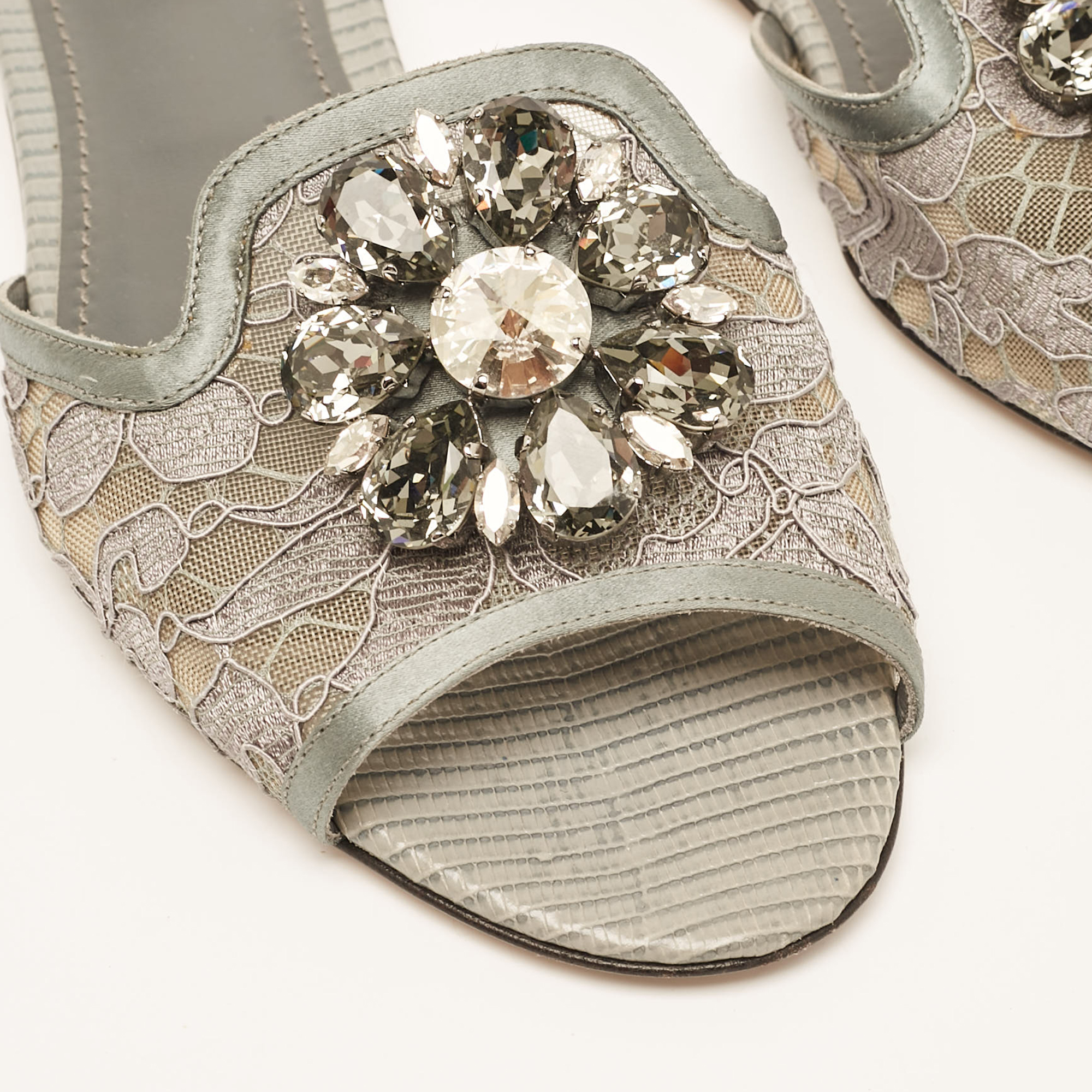 Dolce & Gabbana Grey Lace And Satin Flat Slides Size 37