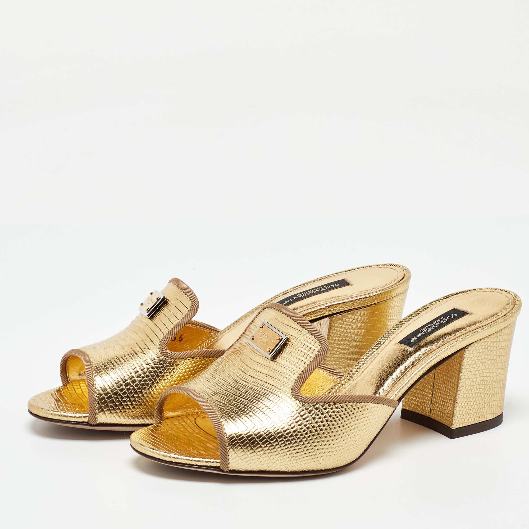 Dolce & Gabbana Gold Lizard Embossed Leather Slide Sandals Size 36