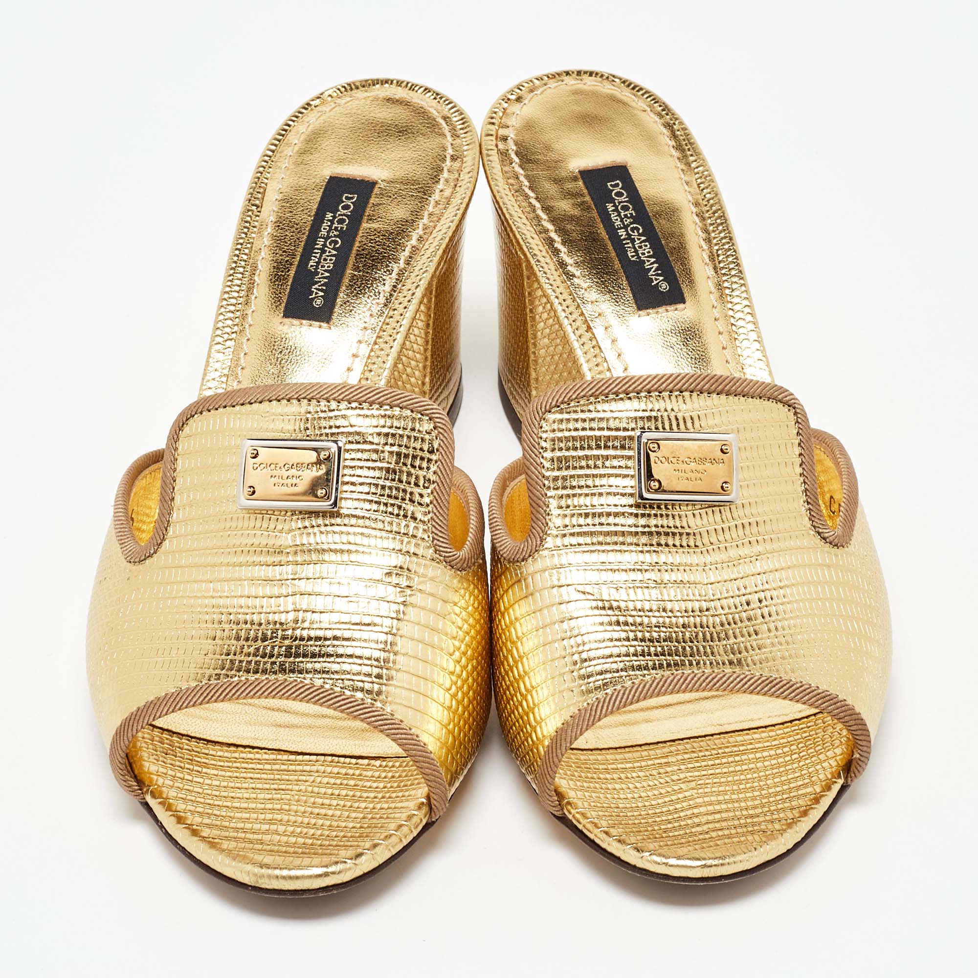 Dolce & Gabbana Gold Lizard Embossed Leather Slide Sandals Size 36