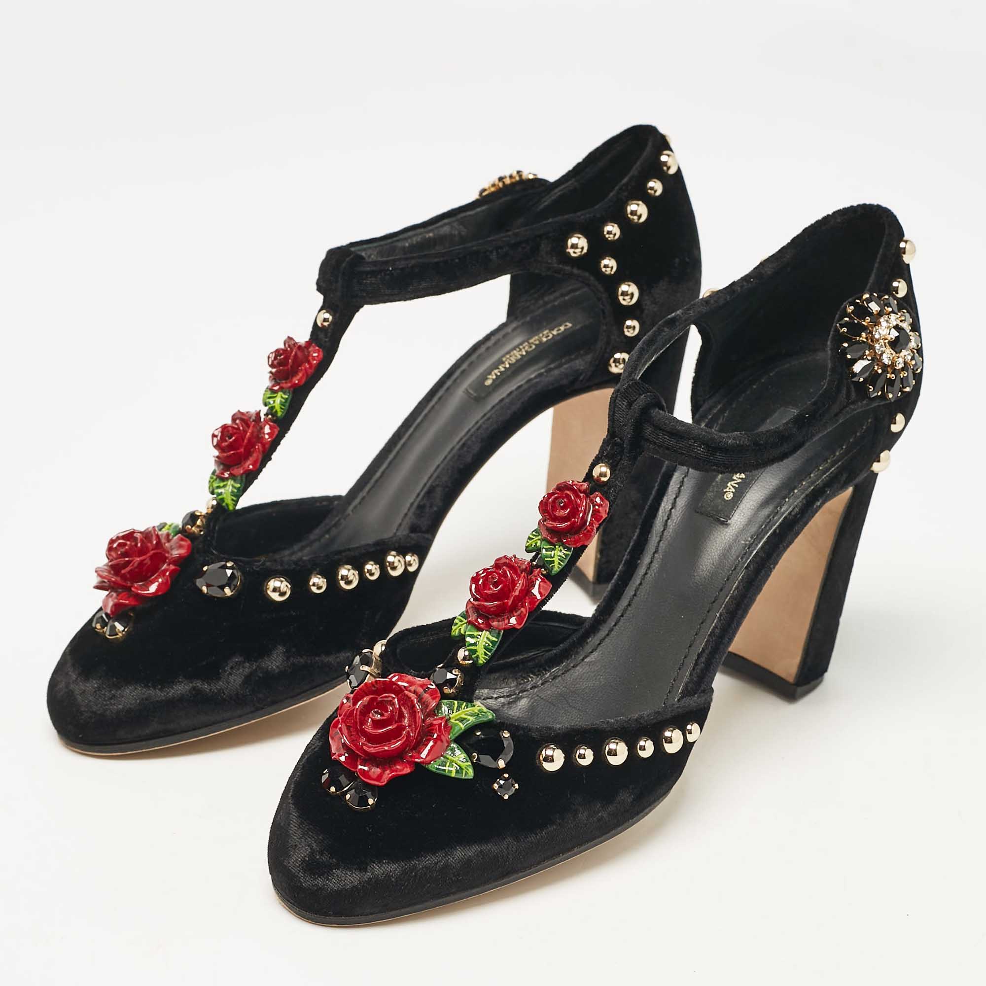 Dolce & Gabbana Black Velvet Studded And Rose Embellished Ankle-Strap Pumps Size 38